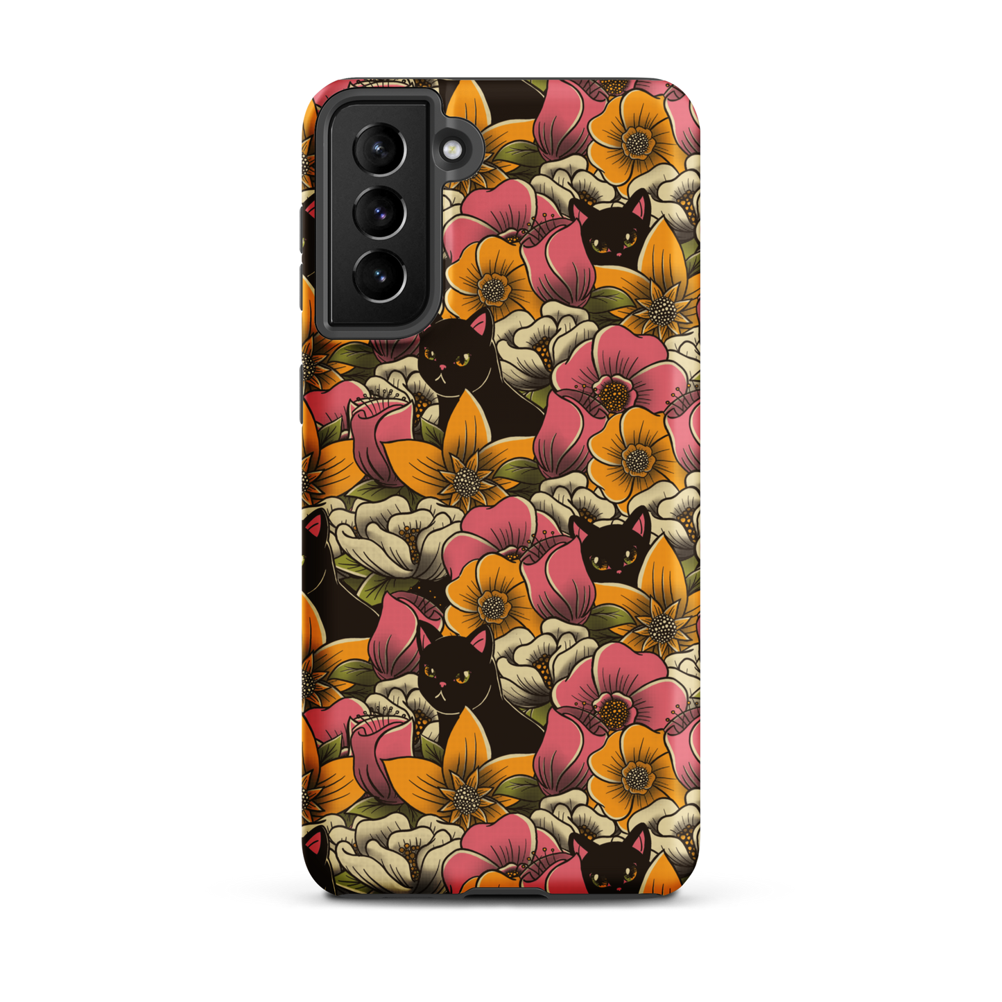 The image features a repeating pattern of colorful flowers in pink, yellow, and cream hues with lush green foliage. Interspersed among the flowers are playful black cats with bright eyes. The design has a whimsical and vibrant feel, ideal for various products like t-shirts, stickers, coffee cups, and skateboards. The style is reminiscent of traditional floral art blended with playful elements of animal decor.