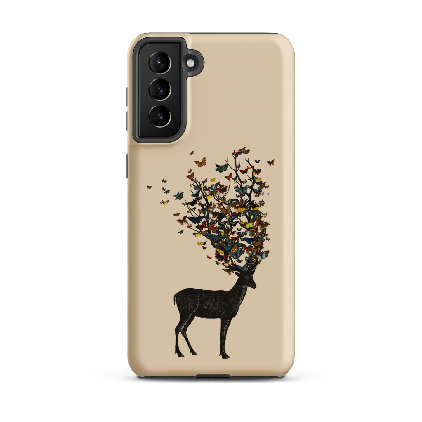The image depicts a dark, silhouetted deer standing on a neutral background. Instead of branches, its antlers transform into a swirling cloud of vibrant, colorful butterflies that extend upwards and outward. The mix of organic and ethereal elements creates a captivating and whimsical visual contrast.