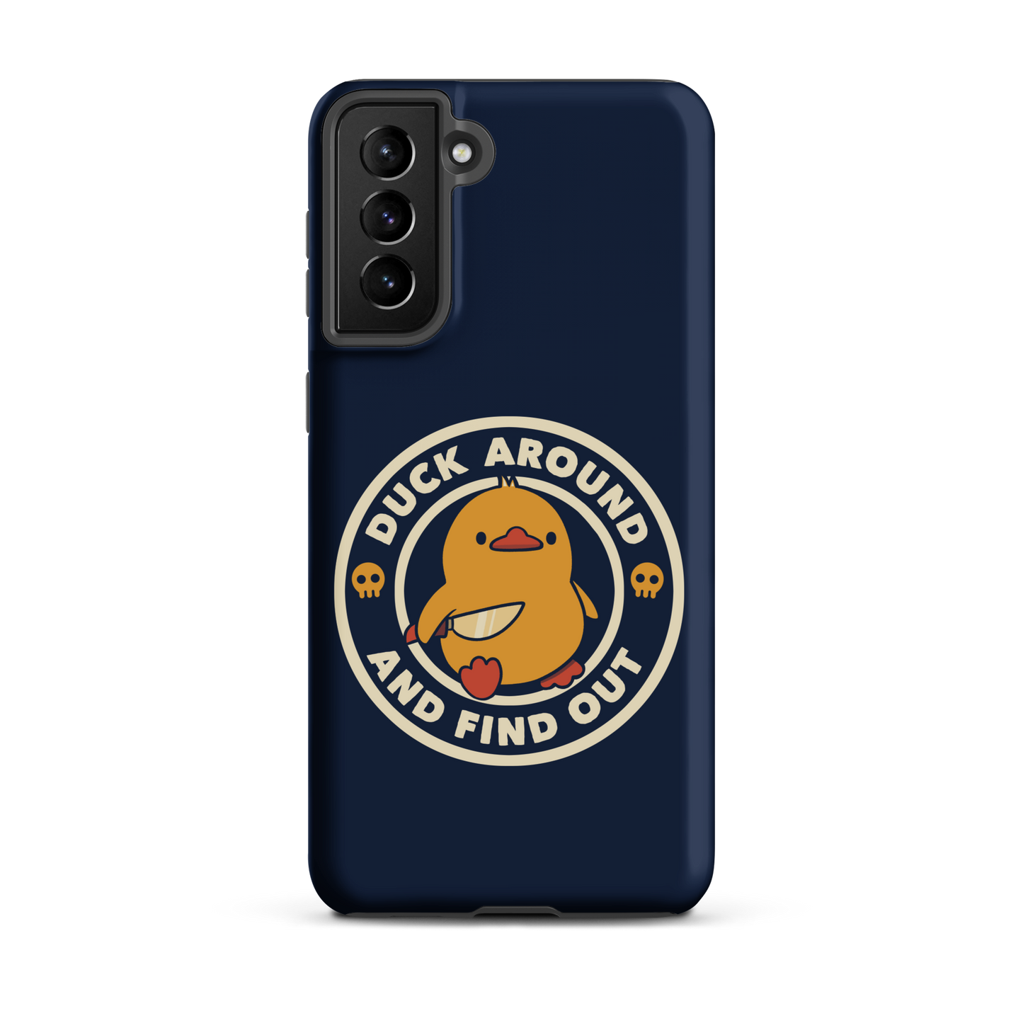 A cute yellow duck holding a small knife, around it the text "Duck Around And Find Out". An art that mixes humor with the temperament of ducks.