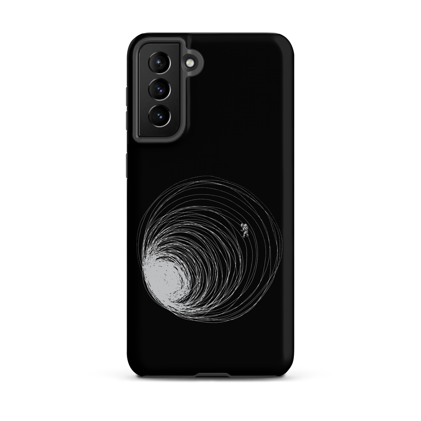 A big black hole with an astronaut floating around as if being sucked into it. A minimalist art perfect for those who love space.