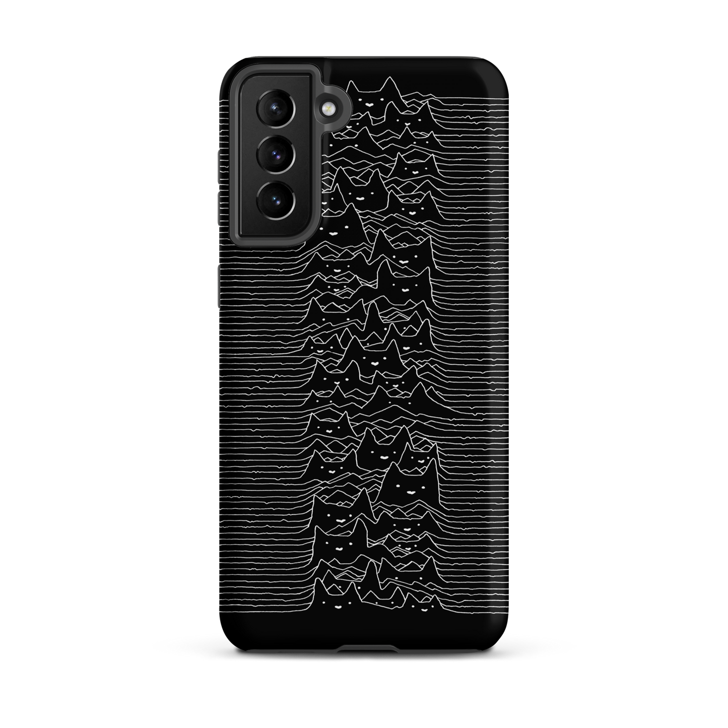 The drawing is a series of continuous wavy lines forming a pattern reminiscent of sound waves or topographic maps, but with an unexpected twist: the lines create the shapes of numerous cat faces stacked vertically. Each cat has simple, expressive features with pointed ears, adding a whimsical element to the otherwise structured pattern.