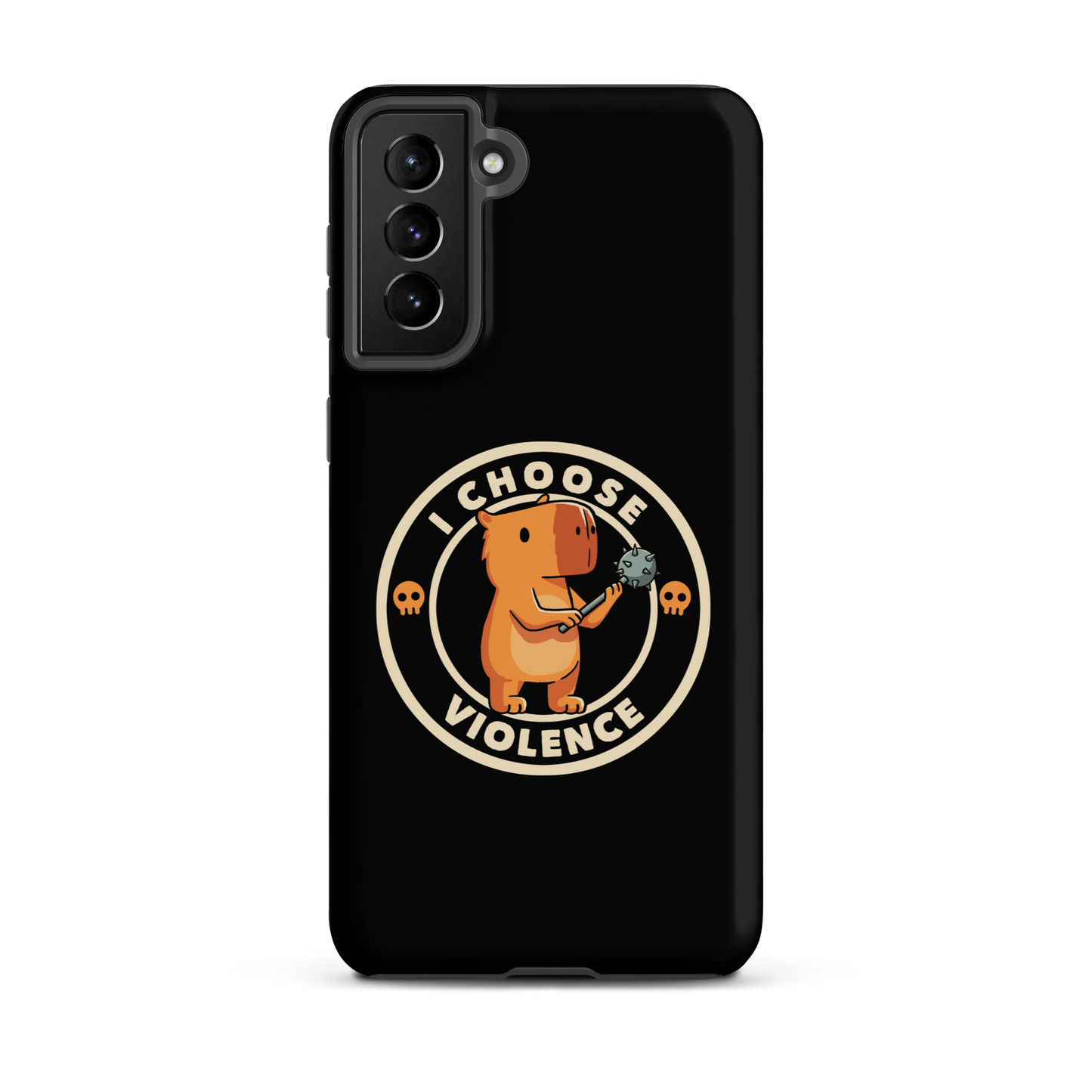 A cute, cartoonish burnt yellow capybara stands holding a spiked mace with a determined expression. Surrounding it is a circular design with the text 'I CHOOSE VIOLENCE' and two small skulls on either side, giving it a humorous yet ironic tone.