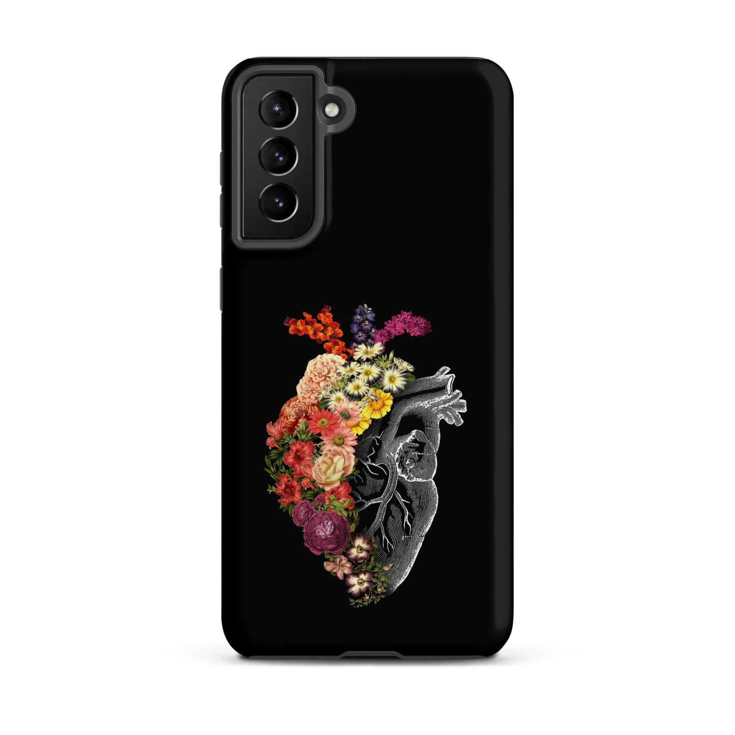 The design is an intricate and anatomical drawing of a human heart on a black background. The left side of the heart morphs into a vibrant assortment of colorful flowers, including roses, daisies, and other blooming blossoms, creating a striking contrast between the realistic and the surreal, symbolizing the harmony between nature and humanity.