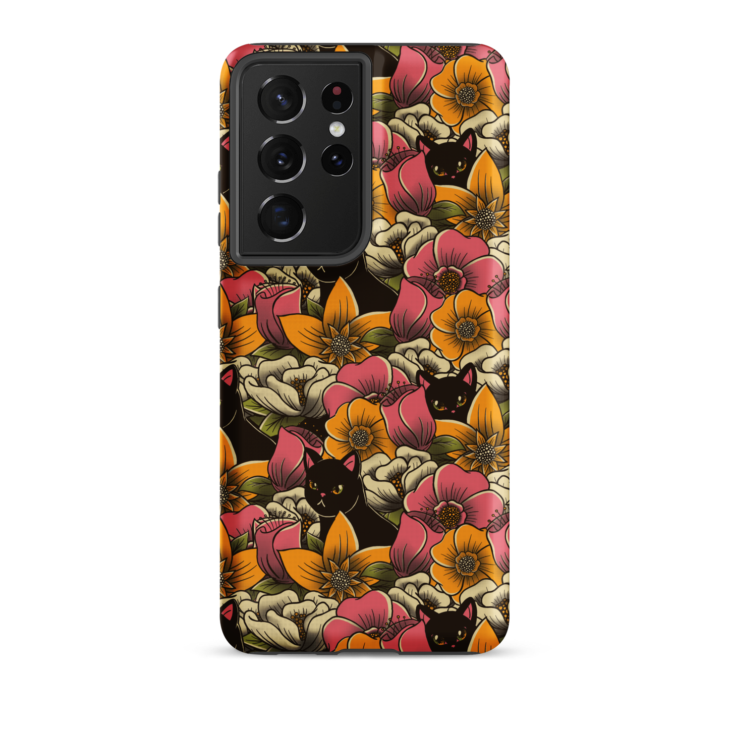 The image features a repeating pattern of colorful flowers in pink, yellow, and cream hues with lush green foliage. Interspersed among the flowers are playful black cats with bright eyes. The design has a whimsical and vibrant feel, ideal for various products like t-shirts, stickers, coffee cups, and skateboards. The style is reminiscent of traditional floral art blended with playful elements of animal decor.