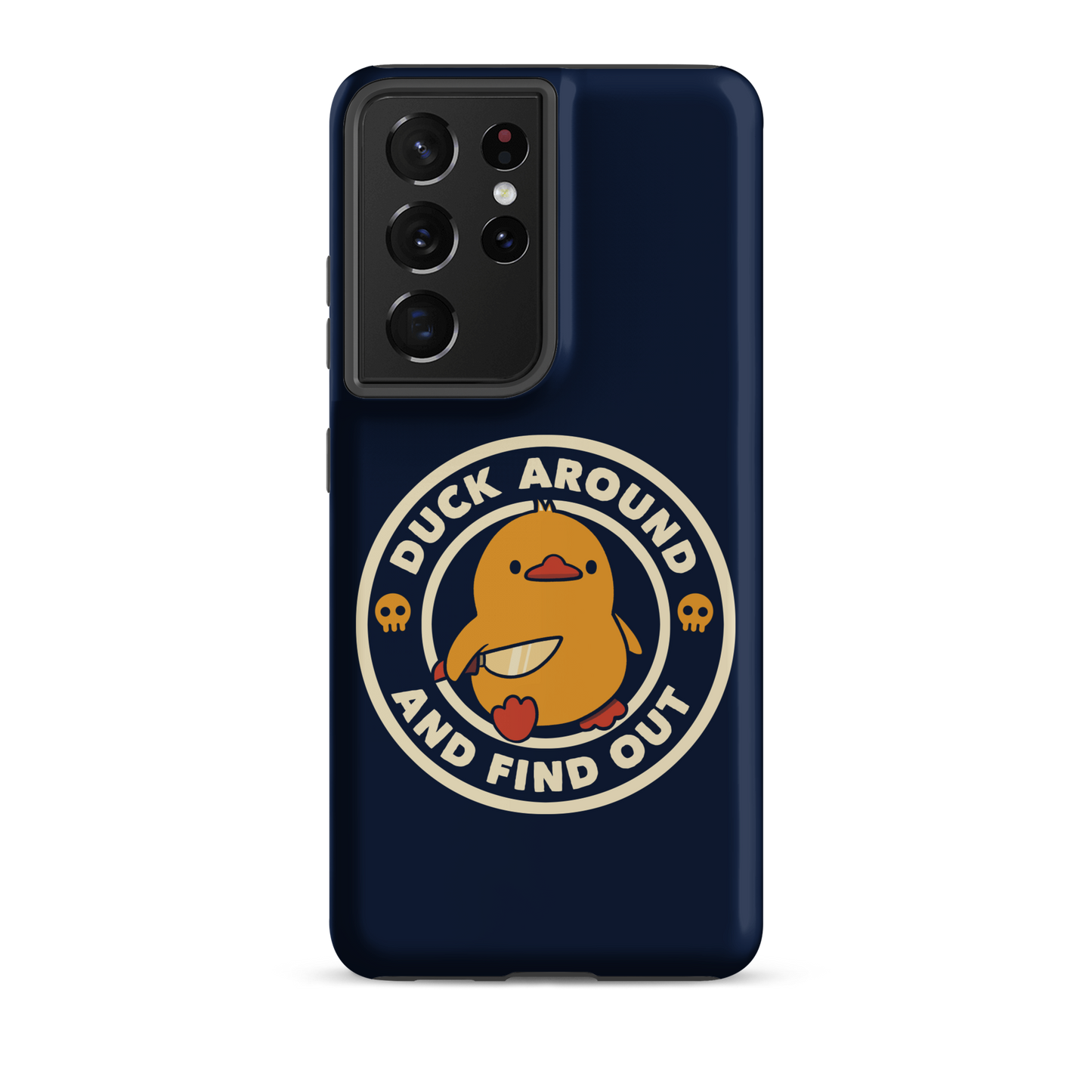 A cute yellow duck holding a small knife, around it the text "Duck Around And Find Out". An art that mixes humor with the temperament of ducks.