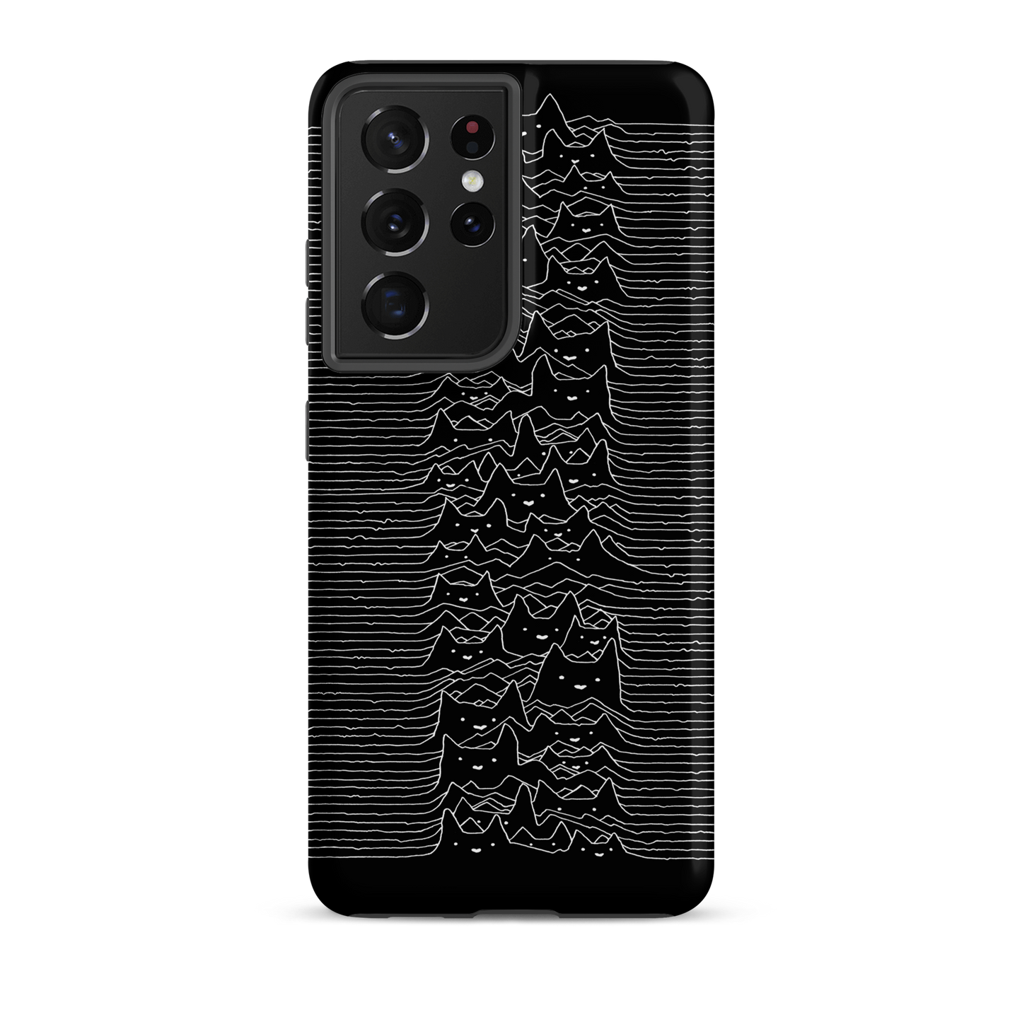 The drawing is a series of continuous wavy lines forming a pattern reminiscent of sound waves or topographic maps, but with an unexpected twist: the lines create the shapes of numerous cat faces stacked vertically. Each cat has simple, expressive features with pointed ears, adding a whimsical element to the otherwise structured pattern.