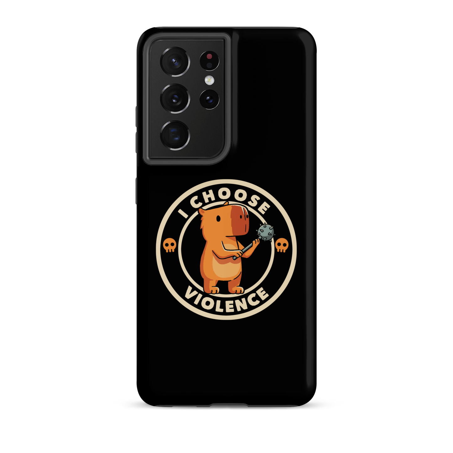 A cute, cartoonish burnt yellow capybara stands holding a spiked mace with a determined expression. Surrounding it is a circular design with the text 'I CHOOSE VIOLENCE' and two small skulls on either side, giving it a humorous yet ironic tone.