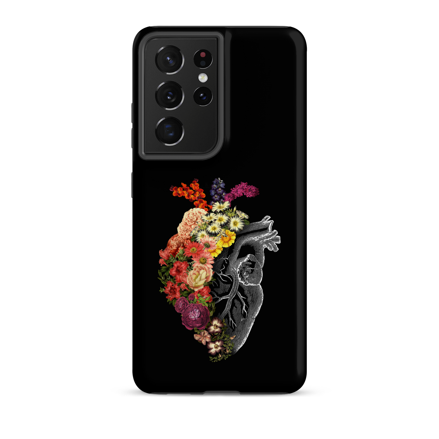 The design is an intricate and anatomical drawing of a human heart on a black background. The left side of the heart morphs into a vibrant assortment of colorful flowers, including roses, daisies, and other blooming blossoms, creating a striking contrast between the realistic and the surreal, symbolizing the harmony between nature and humanity.