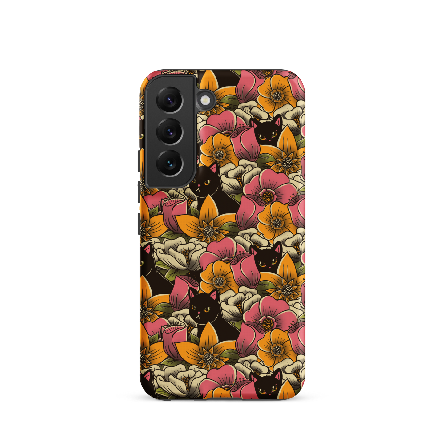 The image features a repeating pattern of colorful flowers in pink, yellow, and cream hues with lush green foliage. Interspersed among the flowers are playful black cats with bright eyes. The design has a whimsical and vibrant feel, ideal for various products like t-shirts, stickers, coffee cups, and skateboards. The style is reminiscent of traditional floral art blended with playful elements of animal decor.