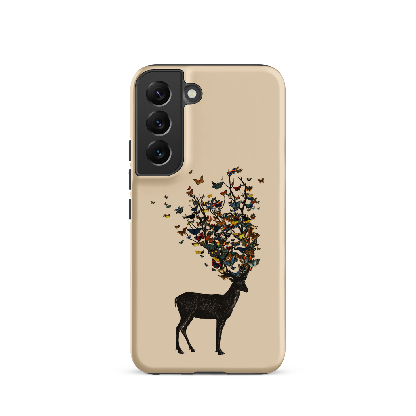 The image depicts a dark, silhouetted deer standing on a neutral background. Instead of branches, its antlers transform into a swirling cloud of vibrant, colorful butterflies that extend upwards and outward. The mix of organic and ethereal elements creates a captivating and whimsical visual contrast.