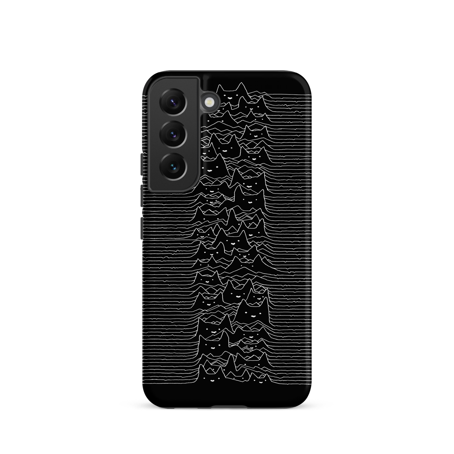 The drawing is a series of continuous wavy lines forming a pattern reminiscent of sound waves or topographic maps, but with an unexpected twist: the lines create the shapes of numerous cat faces stacked vertically. Each cat has simple, expressive features with pointed ears, adding a whimsical element to the otherwise structured pattern.