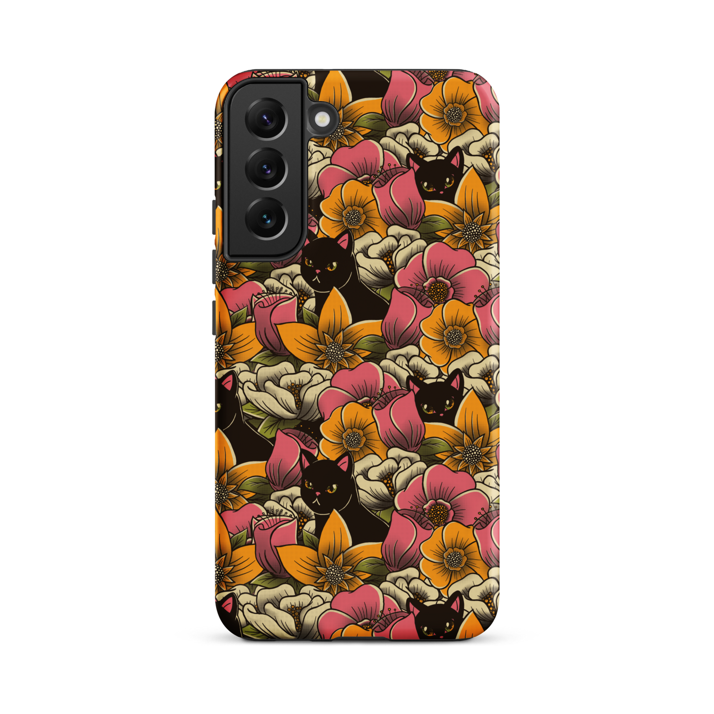 The image features a repeating pattern of colorful flowers in pink, yellow, and cream hues with lush green foliage. Interspersed among the flowers are playful black cats with bright eyes. The design has a whimsical and vibrant feel, ideal for various products like t-shirts, stickers, coffee cups, and skateboards. The style is reminiscent of traditional floral art blended with playful elements of animal decor.
