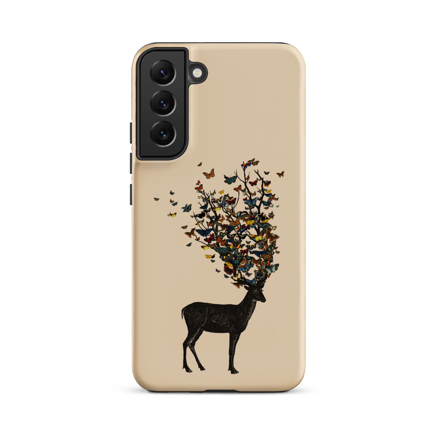 The image depicts a dark, silhouetted deer standing on a neutral background. Instead of branches, its antlers transform into a swirling cloud of vibrant, colorful butterflies that extend upwards and outward. The mix of organic and ethereal elements creates a captivating and whimsical visual contrast.
