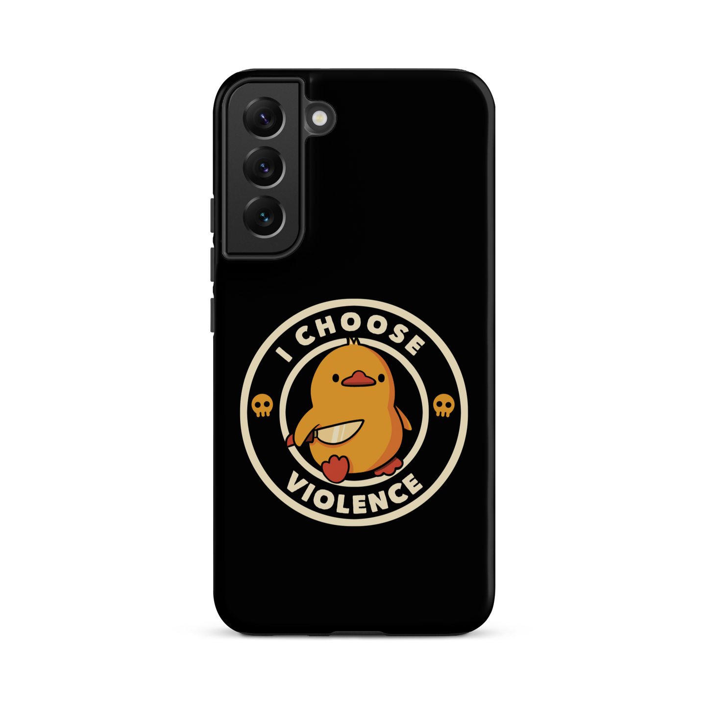 A cute, cartoon-style yellow duckling stands confidently holding a large knife in its wing. The duckling is encircled by text saying 'I CHOOSE VIOLENCE' in bold white letters. Small skull symbols flank the chick on either side, adding a touch of humor and irony to the otherwise adorable drawing.