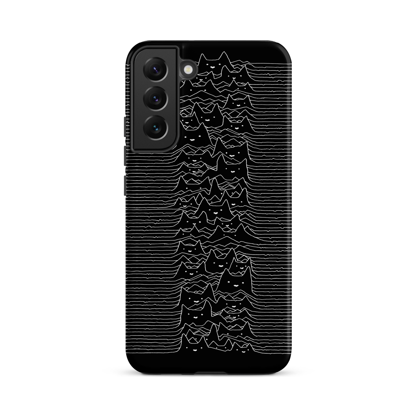 The drawing is a series of continuous wavy lines forming a pattern reminiscent of sound waves or topographic maps, but with an unexpected twist: the lines create the shapes of numerous cat faces stacked vertically. Each cat has simple, expressive features with pointed ears, adding a whimsical element to the otherwise structured pattern.