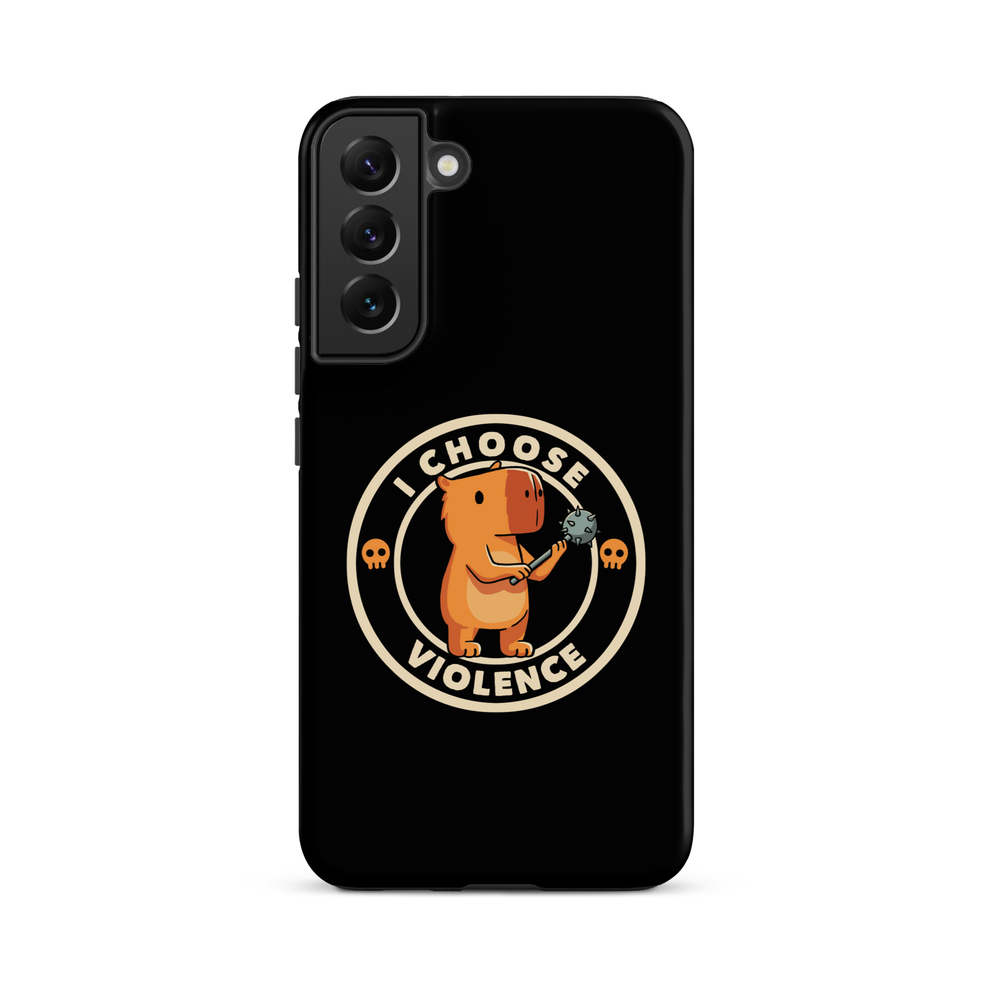 A cute, cartoonish burnt yellow capybara stands holding a spiked mace with a determined expression. Surrounding it is a circular design with the text 'I CHOOSE VIOLENCE' and two small skulls on either side, giving it a humorous yet ironic tone.