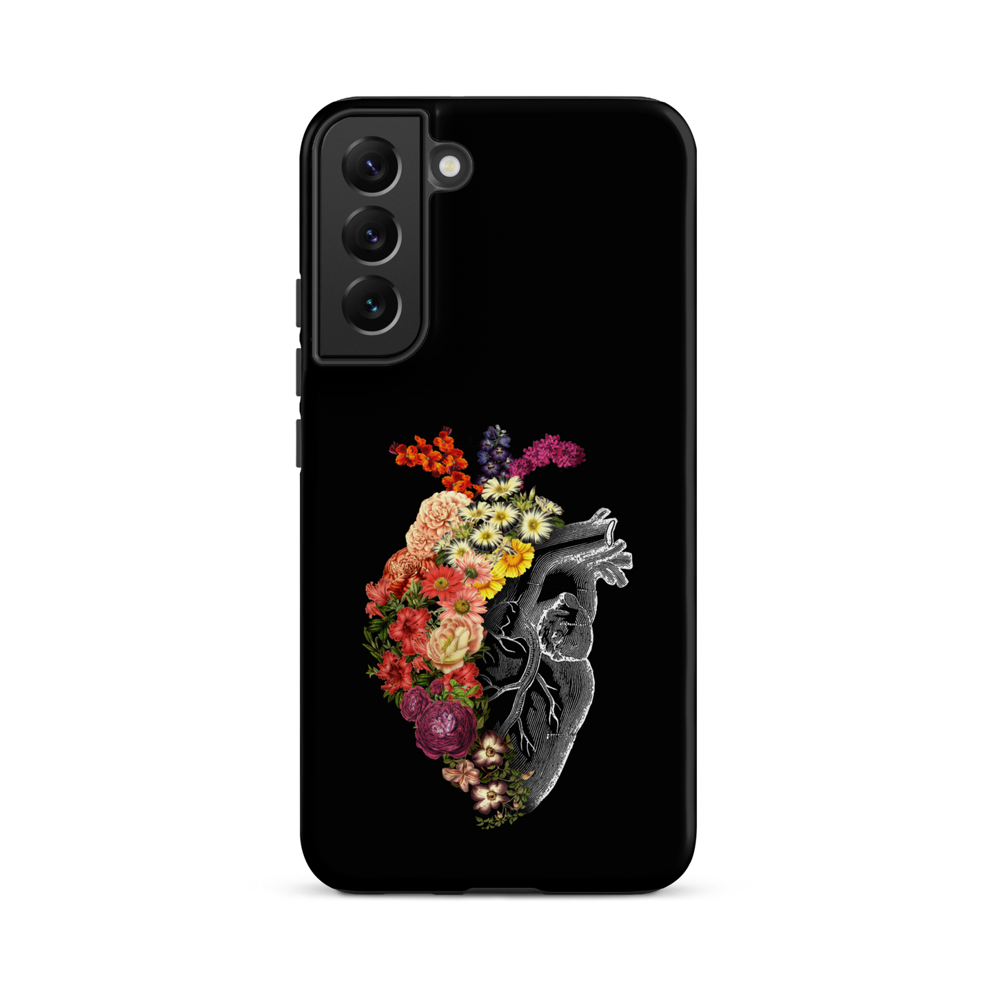 The design is an intricate and anatomical drawing of a human heart on a black background. The left side of the heart morphs into a vibrant assortment of colorful flowers, including roses, daisies, and other blooming blossoms, creating a striking contrast between the realistic and the surreal, symbolizing the harmony between nature and humanity.