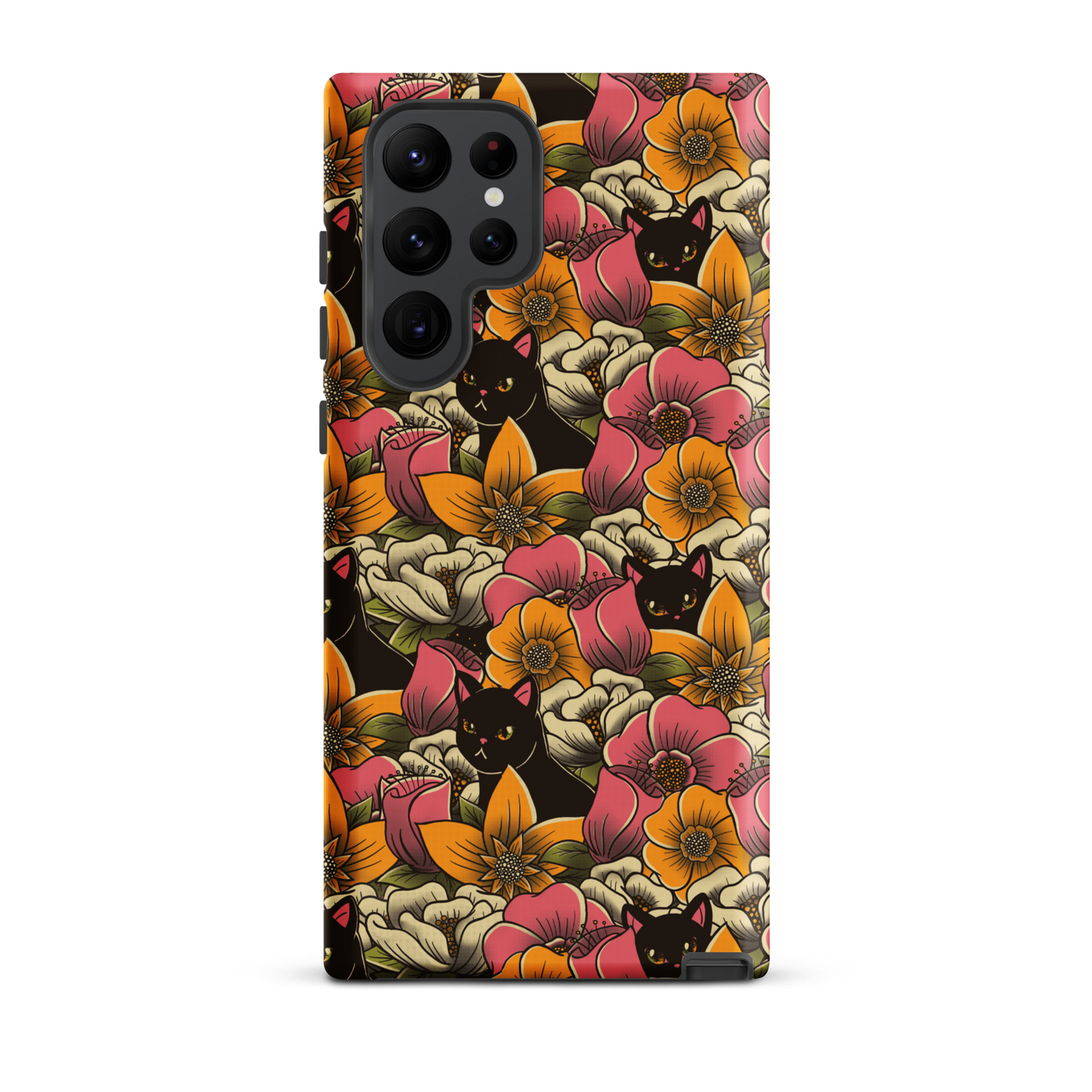 The image features a repeating pattern of colorful flowers in pink, yellow, and cream hues with lush green foliage. Interspersed among the flowers are playful black cats with bright eyes. The design has a whimsical and vibrant feel, ideal for various products like t-shirts, stickers, coffee cups, and skateboards. The style is reminiscent of traditional floral art blended with playful elements of animal decor.
