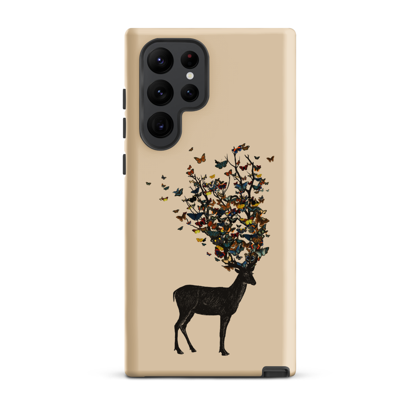 The image depicts a dark, silhouetted deer standing on a neutral background. Instead of branches, its antlers transform into a swirling cloud of vibrant, colorful butterflies that extend upwards and outward. The mix of organic and ethereal elements creates a captivating and whimsical visual contrast.