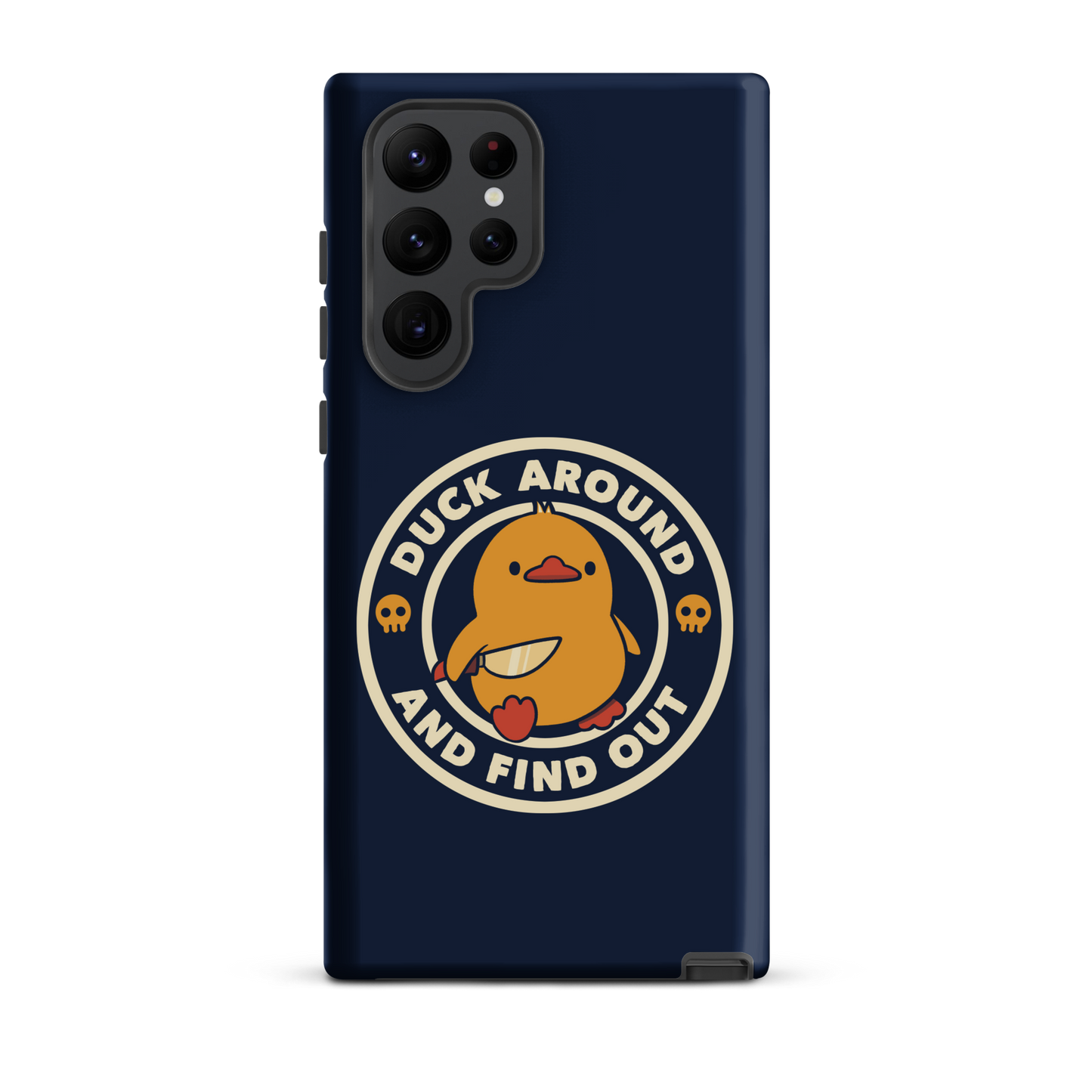 A cute yellow duck holding a small knife, around it the text "Duck Around And Find Out". An art that mixes humor with the temperament of ducks.