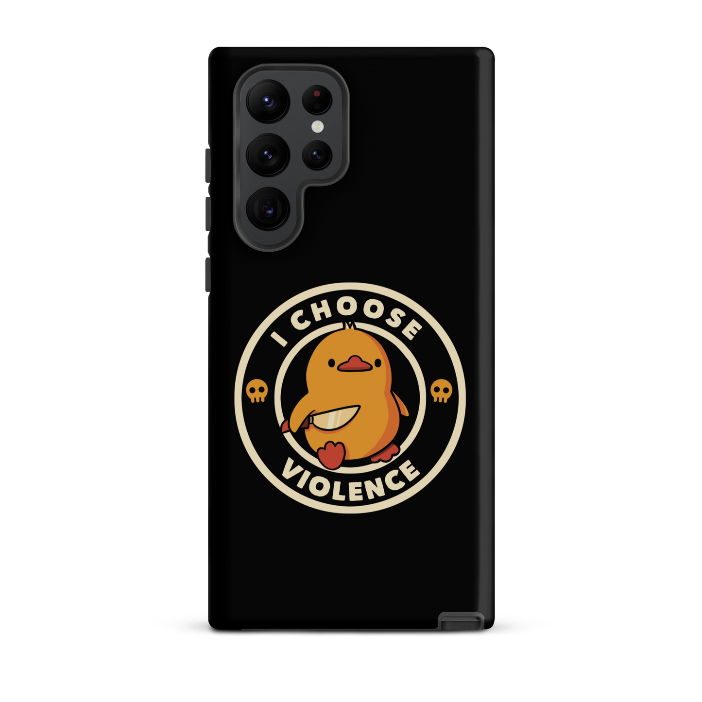 A cute, cartoon-style yellow duckling stands confidently holding a large knife in its wing. The duckling is encircled by text saying 'I CHOOSE VIOLENCE' in bold white letters. Small skull symbols flank the chick on either side, adding a touch of humor and irony to the otherwise adorable drawing.