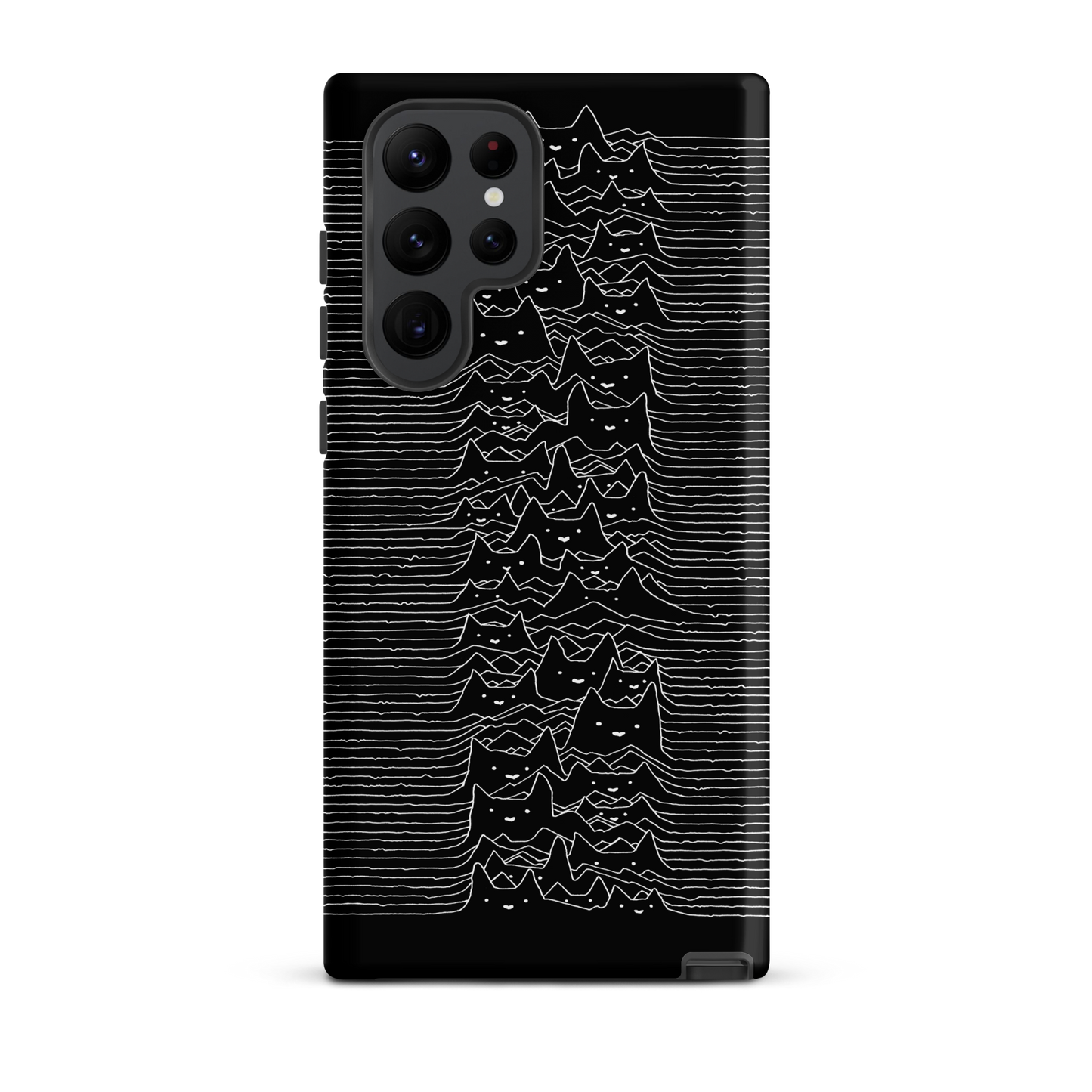 The drawing is a series of continuous wavy lines forming a pattern reminiscent of sound waves or topographic maps, but with an unexpected twist: the lines create the shapes of numerous cat faces stacked vertically. Each cat has simple, expressive features with pointed ears, adding a whimsical element to the otherwise structured pattern.