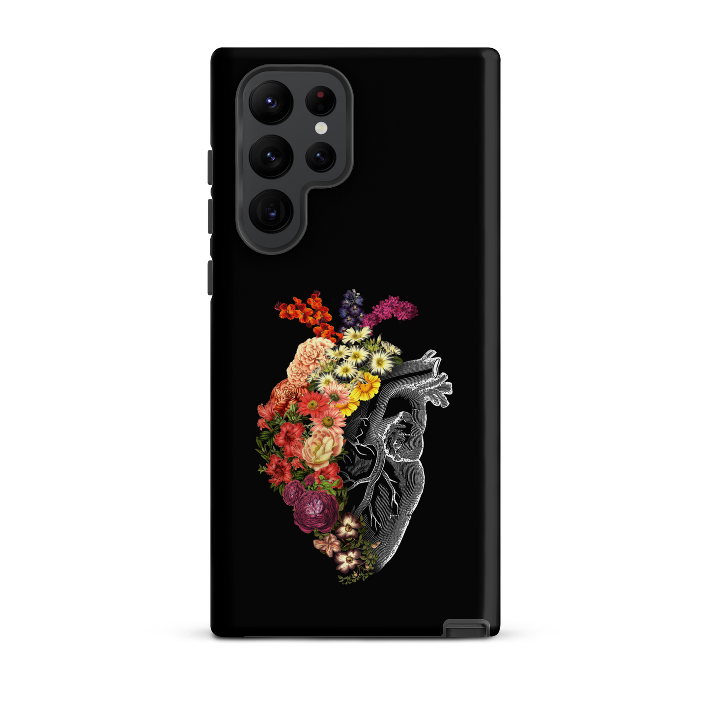 The design is an intricate and anatomical drawing of a human heart on a black background. The left side of the heart morphs into a vibrant assortment of colorful flowers, including roses, daisies, and other blooming blossoms, creating a striking contrast between the realistic and the surreal, symbolizing the harmony between nature and humanity.