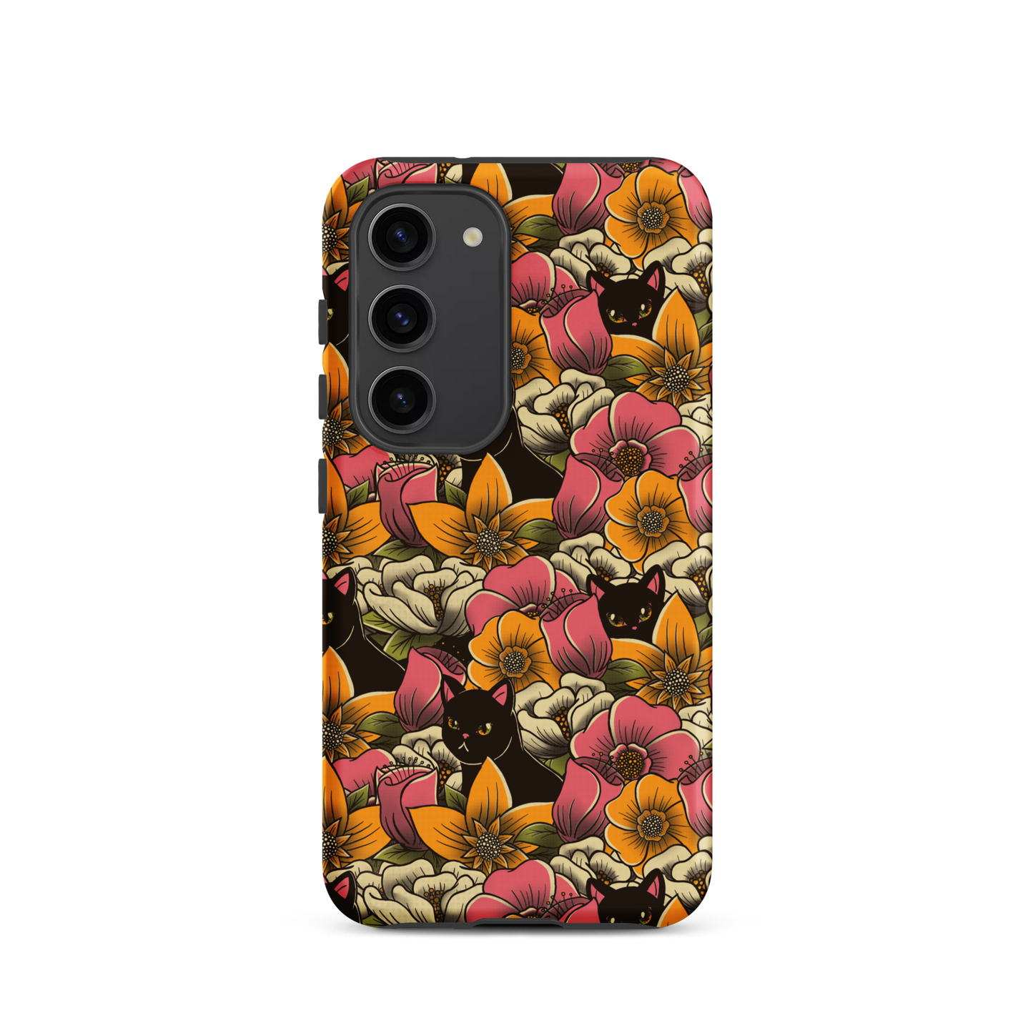 The image features a repeating pattern of colorful flowers in pink, yellow, and cream hues with lush green foliage. Interspersed among the flowers are playful black cats with bright eyes. The design has a whimsical and vibrant feel, ideal for various products like t-shirts, stickers, coffee cups, and skateboards. The style is reminiscent of traditional floral art blended with playful elements of animal decor.