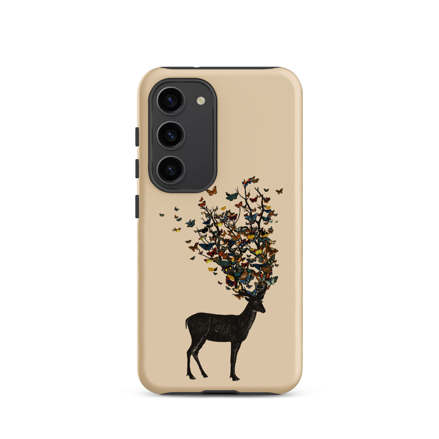 The image depicts a dark, silhouetted deer standing on a neutral background. Instead of branches, its antlers transform into a swirling cloud of vibrant, colorful butterflies that extend upwards and outward. The mix of organic and ethereal elements creates a captivating and whimsical visual contrast.