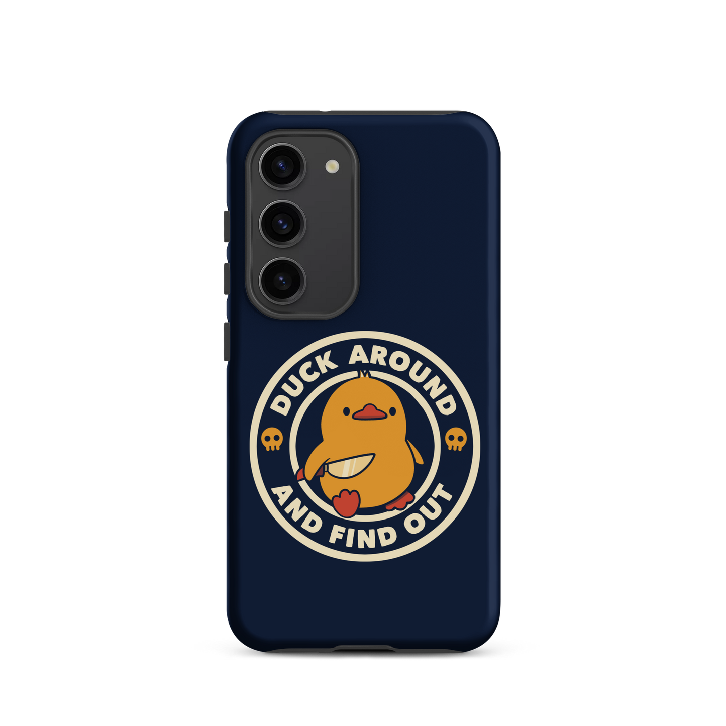 A cute yellow duck holding a small knife, around it the text "Duck Around And Find Out". An art that mixes humor with the temperament of ducks.