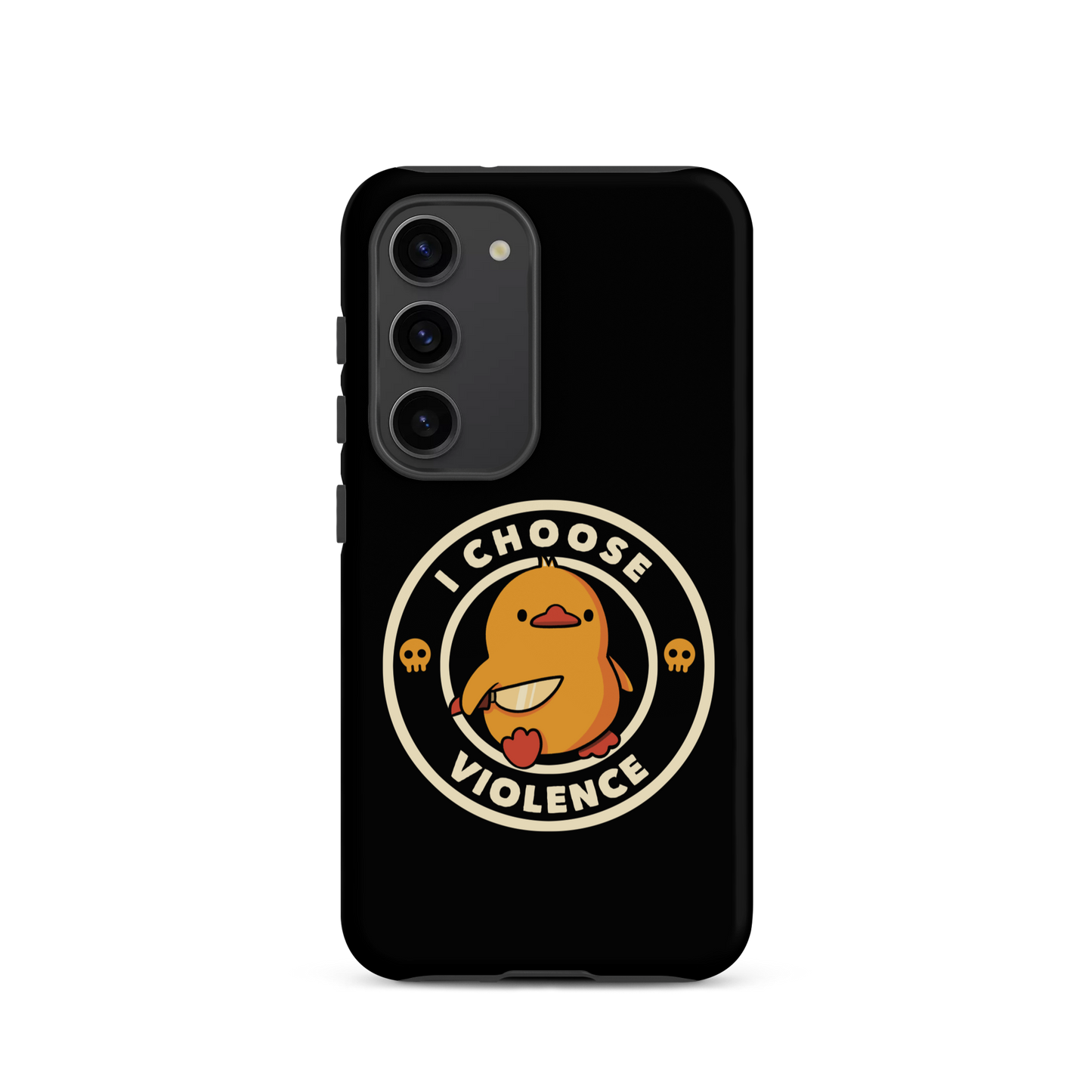 A cute, cartoon-style yellow duckling stands confidently holding a large knife in its wing. The duckling is encircled by text saying 'I CHOOSE VIOLENCE' in bold white letters. Small skull symbols flank the chick on either side, adding a touch of humor and irony to the otherwise adorable drawing.