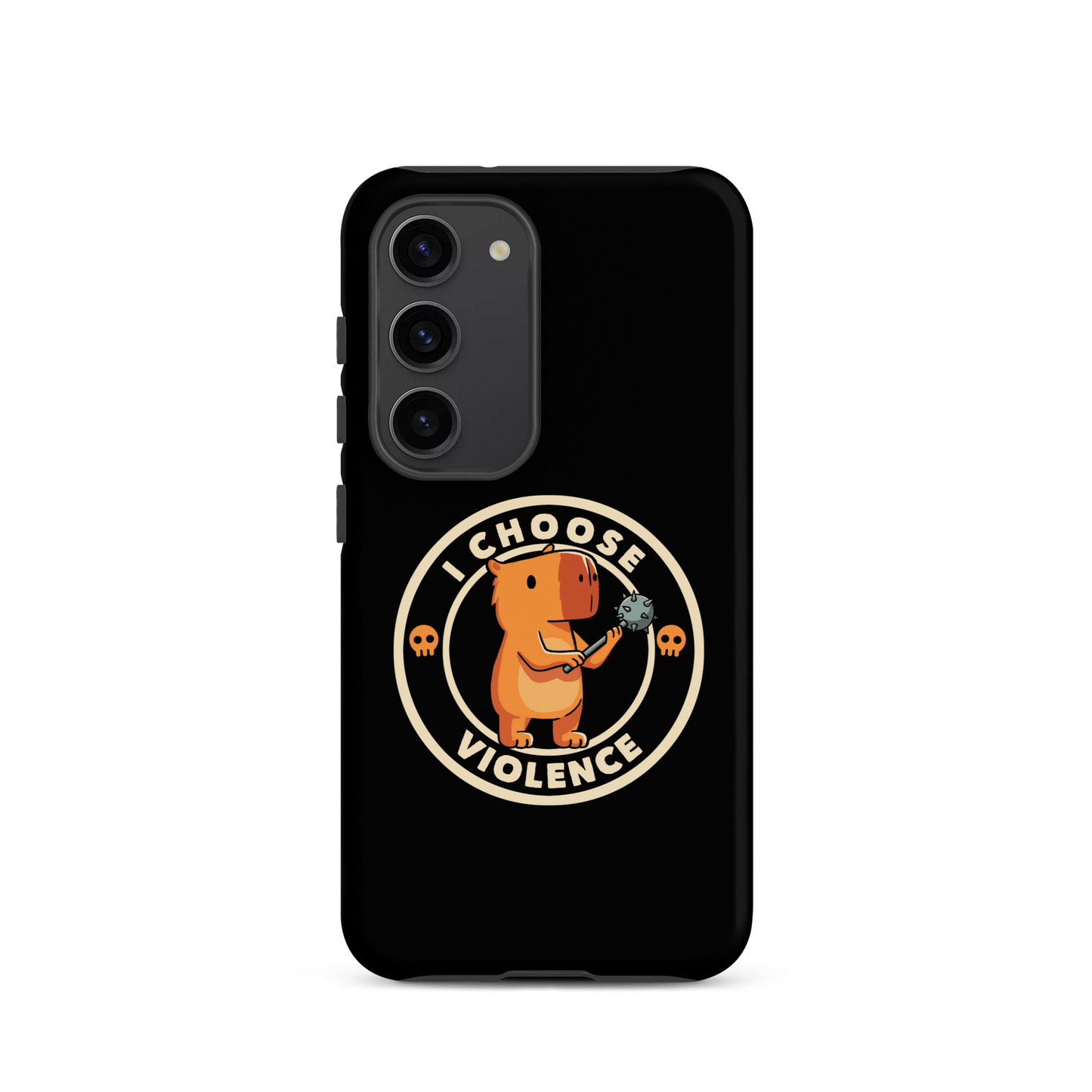 A cute, cartoonish burnt yellow capybara stands holding a spiked mace with a determined expression. Surrounding it is a circular design with the text 'I CHOOSE VIOLENCE' and two small skulls on either side, giving it a humorous yet ironic tone.