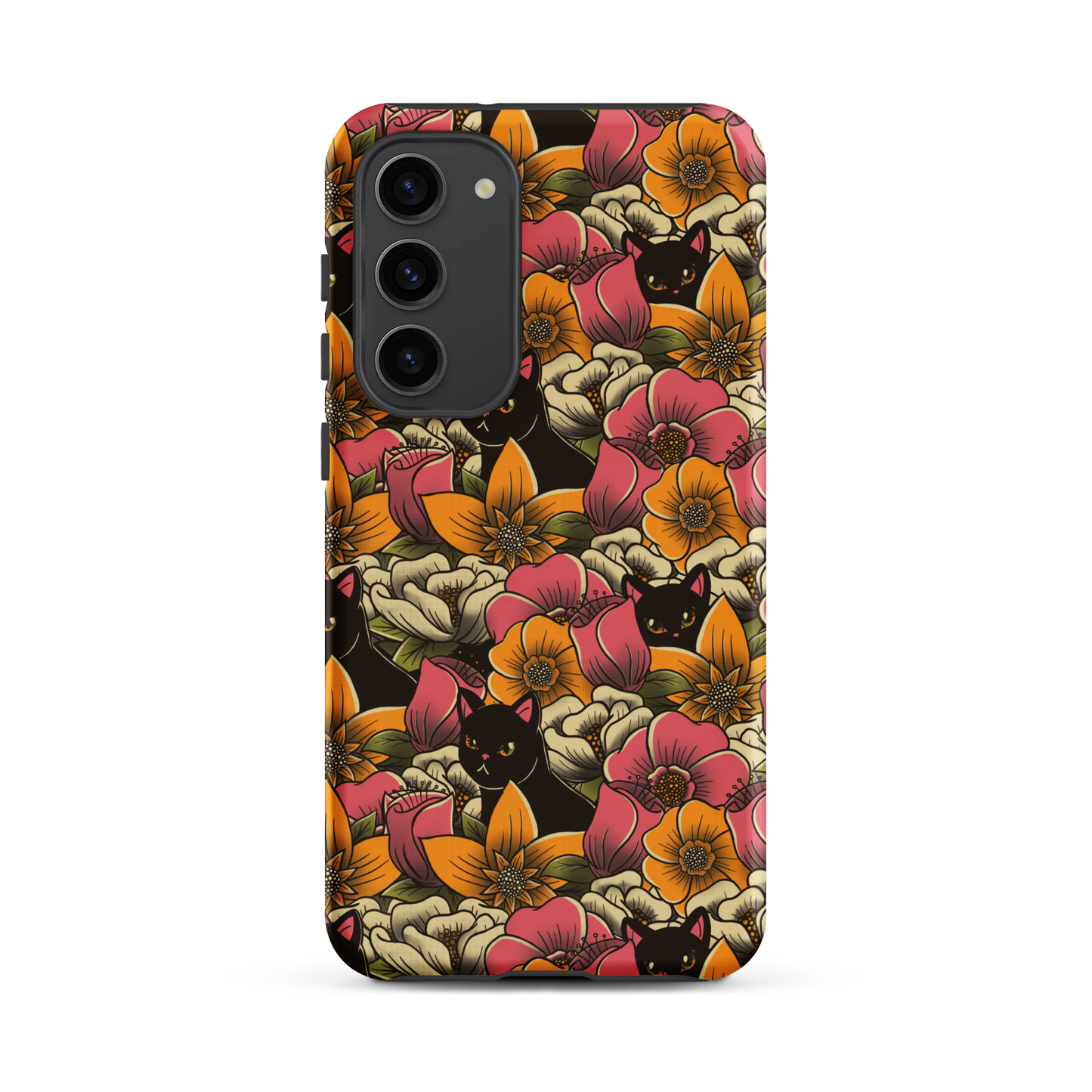The image features a repeating pattern of colorful flowers in pink, yellow, and cream hues with lush green foliage. Interspersed among the flowers are playful black cats with bright eyes. The design has a whimsical and vibrant feel, ideal for various products like t-shirts, stickers, coffee cups, and skateboards. The style is reminiscent of traditional floral art blended with playful elements of animal decor.