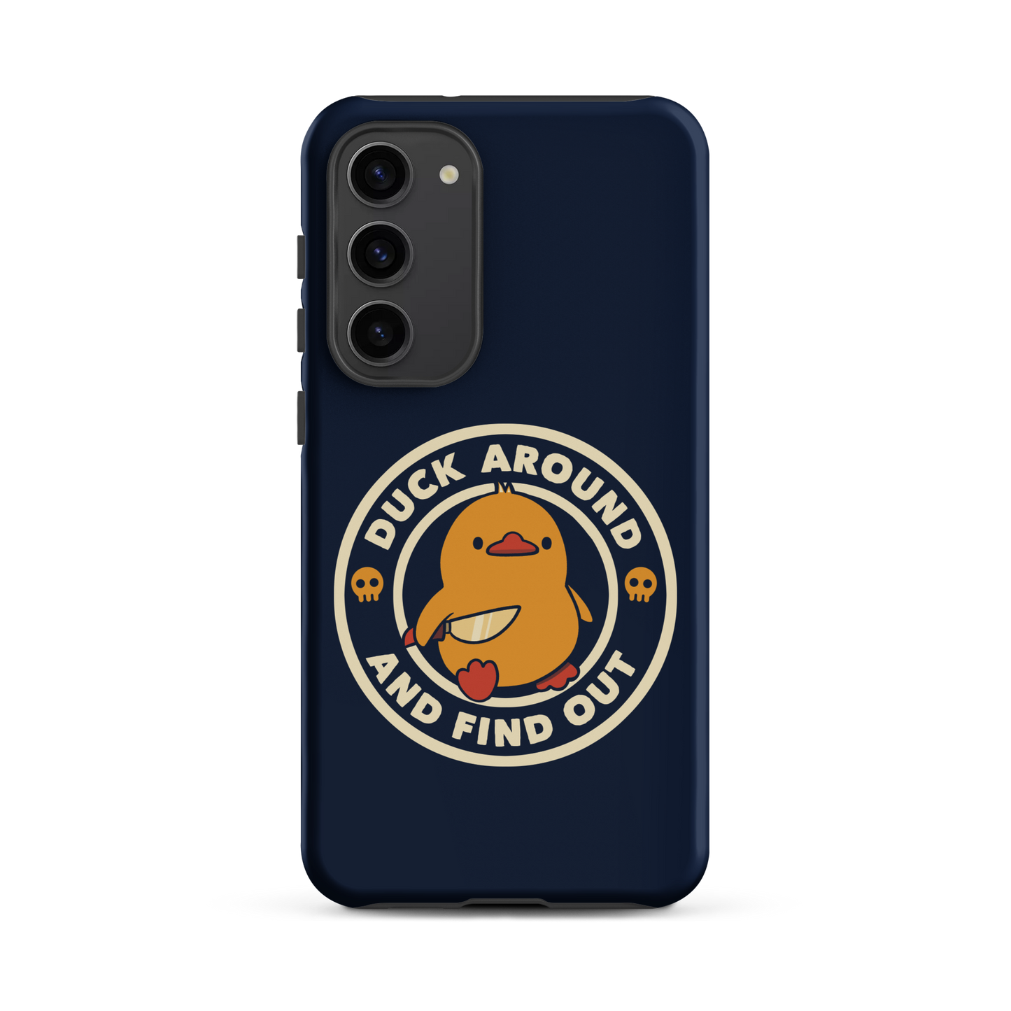 A cute yellow duck holding a small knife, around it the text "Duck Around And Find Out". An art that mixes humor with the temperament of ducks.