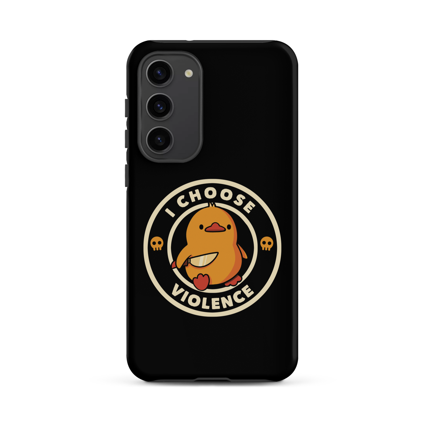 A cute, cartoon-style yellow duckling stands confidently holding a large knife in its wing. The duckling is encircled by text saying 'I CHOOSE VIOLENCE' in bold white letters. Small skull symbols flank the chick on either side, adding a touch of humor and irony to the otherwise adorable drawing.