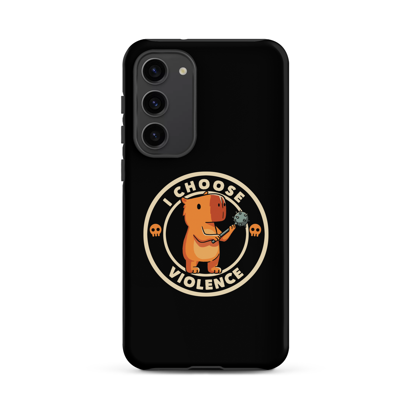 A cute, cartoonish burnt yellow capybara stands holding a spiked mace with a determined expression. Surrounding it is a circular design with the text 'I CHOOSE VIOLENCE' and two small skulls on either side, giving it a humorous yet ironic tone.