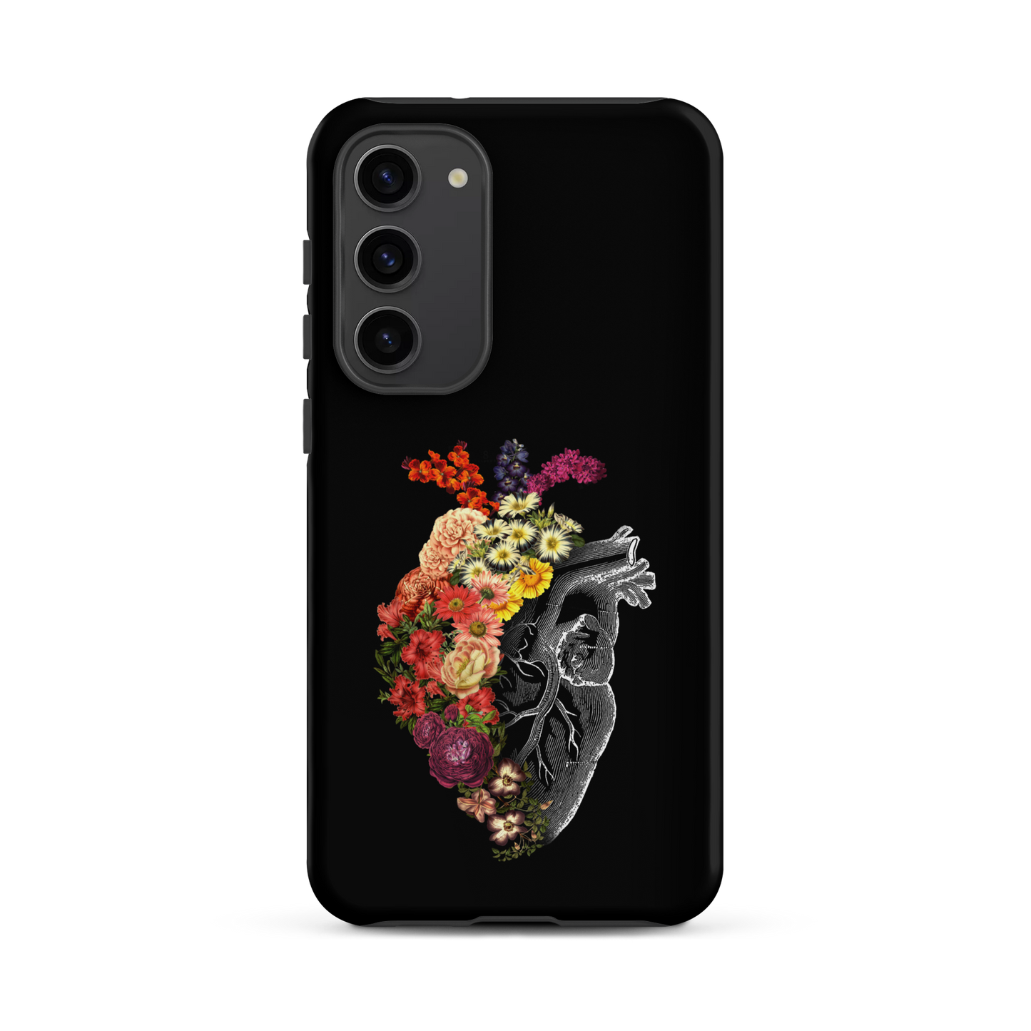 The design is an intricate and anatomical drawing of a human heart on a black background. The left side of the heart morphs into a vibrant assortment of colorful flowers, including roses, daisies, and other blooming blossoms, creating a striking contrast between the realistic and the surreal, symbolizing the harmony between nature and humanity.
