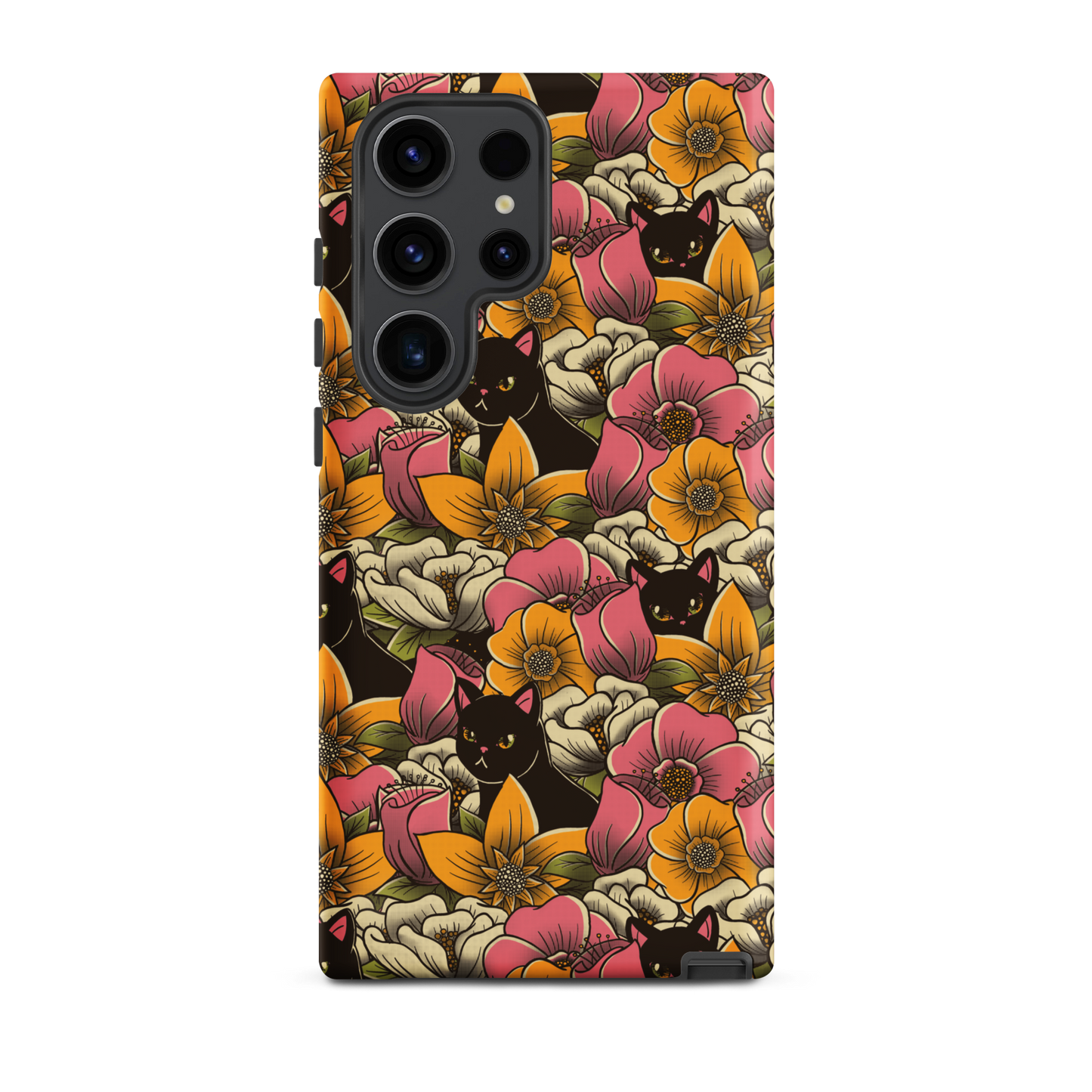 The image features a repeating pattern of colorful flowers in pink, yellow, and cream hues with lush green foliage. Interspersed among the flowers are playful black cats with bright eyes. The design has a whimsical and vibrant feel, ideal for various products like t-shirts, stickers, coffee cups, and skateboards. The style is reminiscent of traditional floral art blended with playful elements of animal decor.