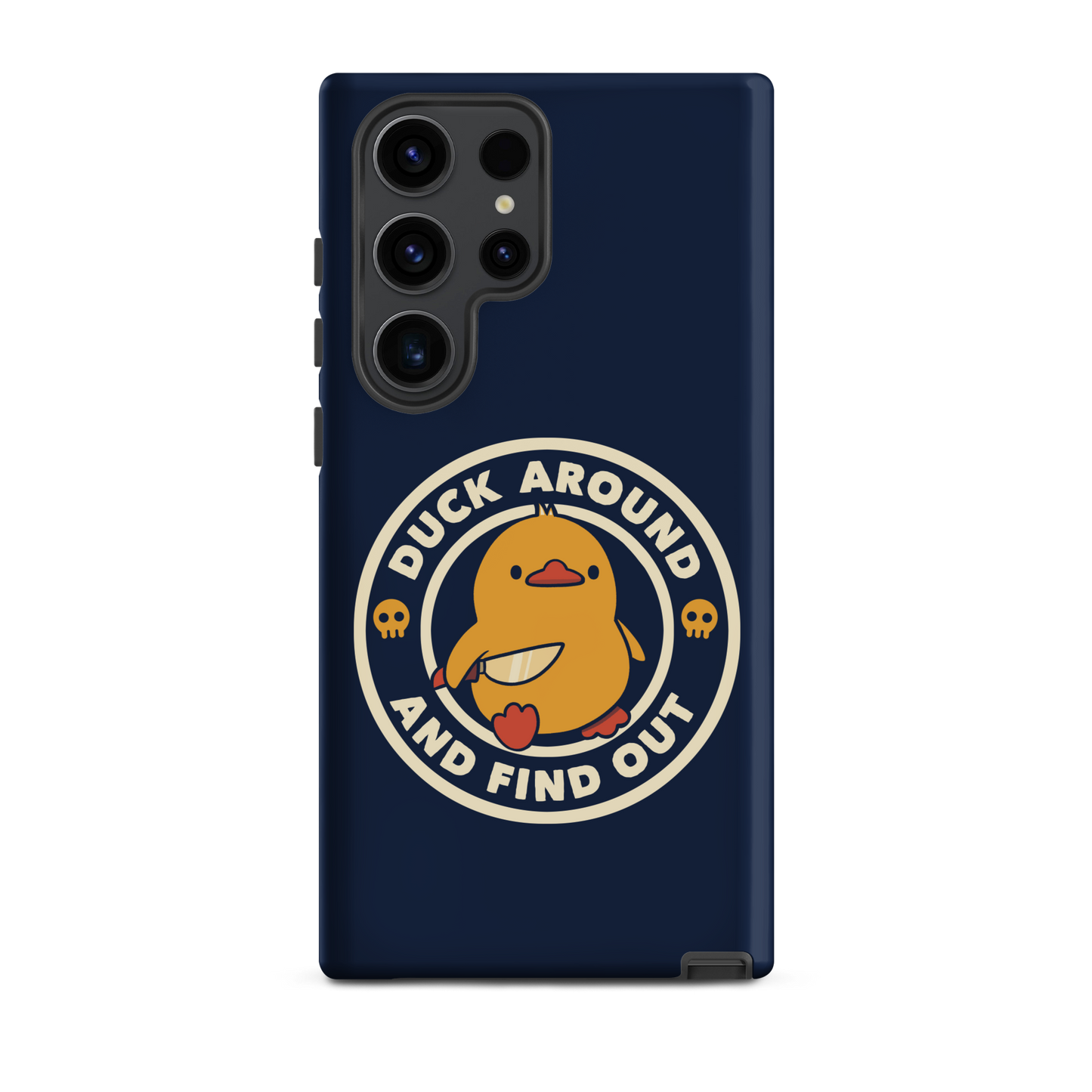 A cute yellow duck holding a small knife, around it the text "Duck Around And Find Out". An art that mixes humor with the temperament of ducks.