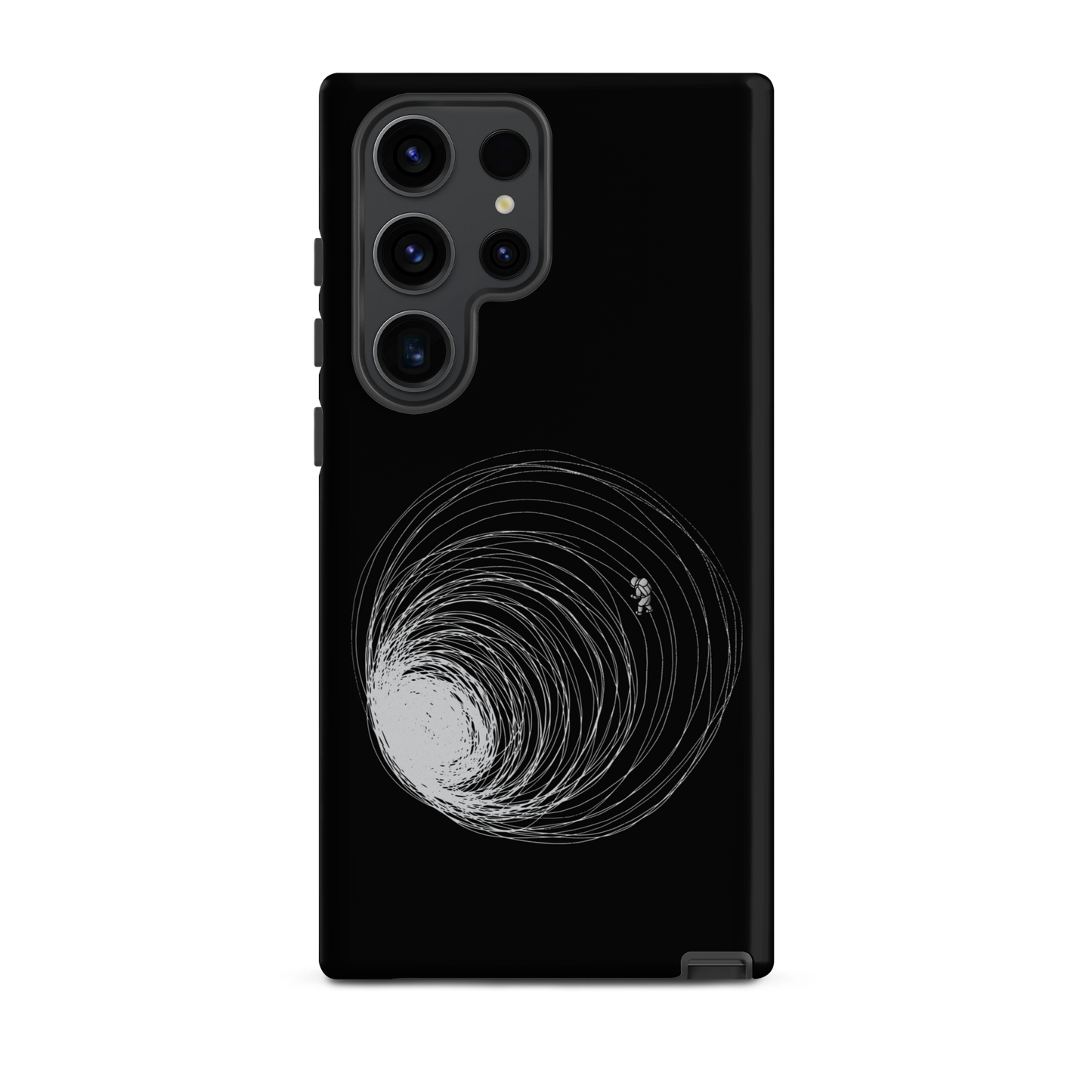 A big black hole with an astronaut floating around as if being sucked into it. A minimalist art perfect for those who love space.