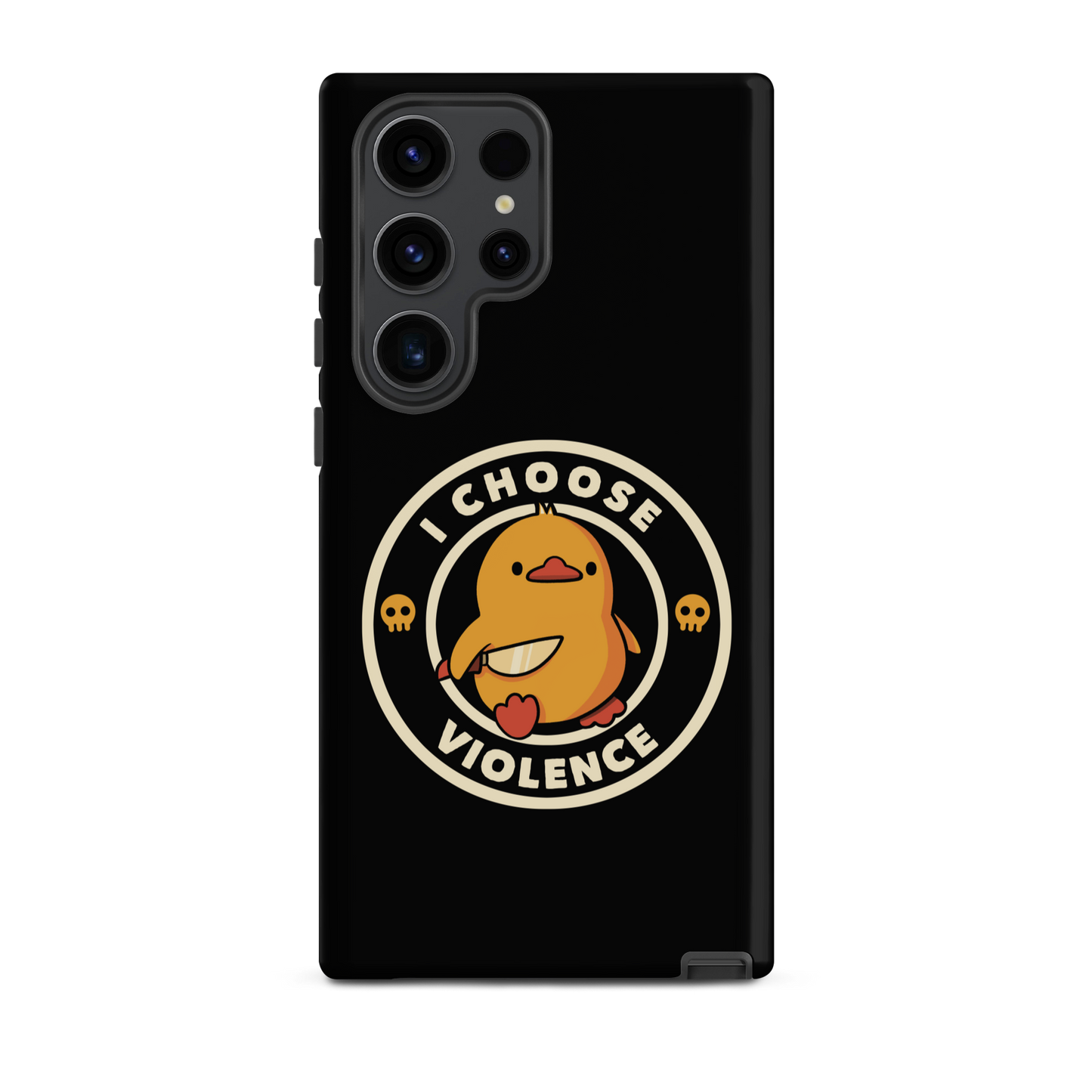 A cute, cartoon-style yellow duckling stands confidently holding a large knife in its wing. The duckling is encircled by text saying 'I CHOOSE VIOLENCE' in bold white letters. Small skull symbols flank the chick on either side, adding a touch of humor and irony to the otherwise adorable drawing.