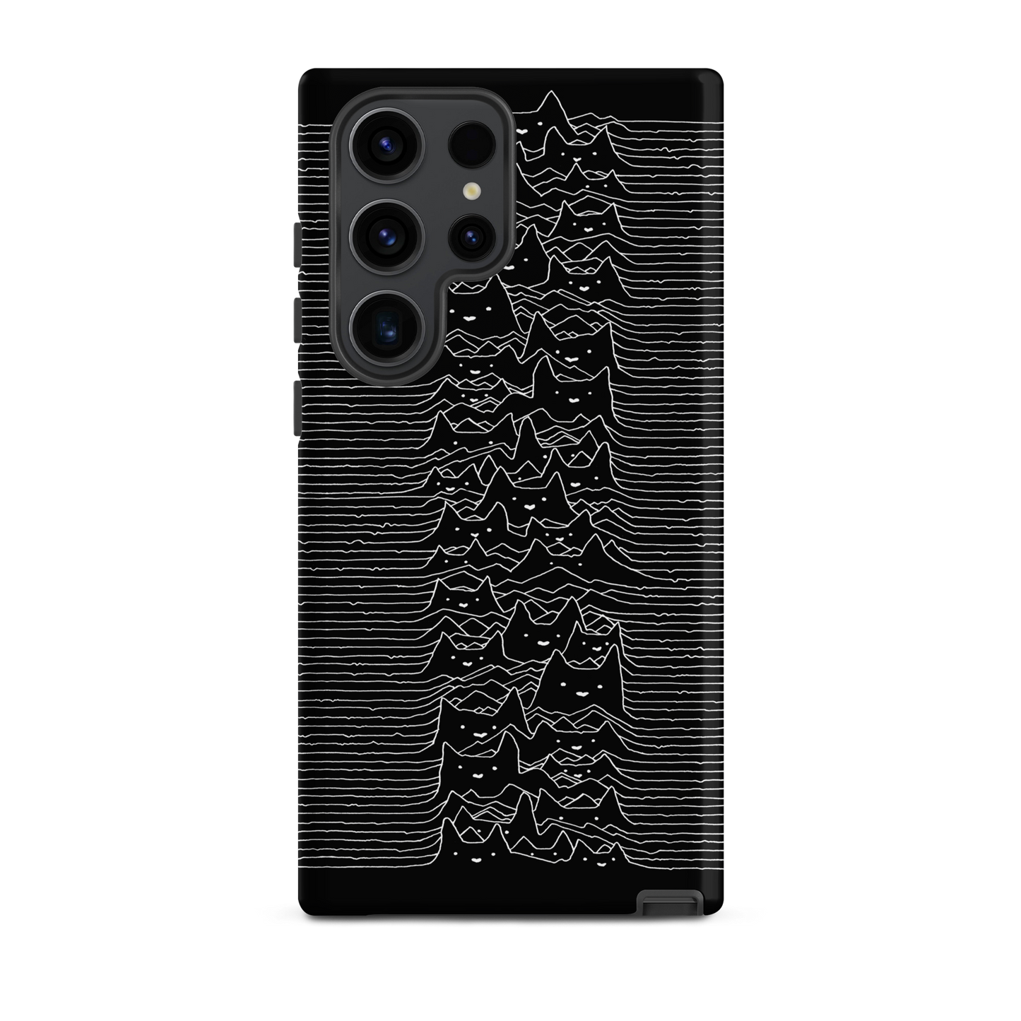 The drawing is a series of continuous wavy lines forming a pattern reminiscent of sound waves or topographic maps, but with an unexpected twist: the lines create the shapes of numerous cat faces stacked vertically. Each cat has simple, expressive features with pointed ears, adding a whimsical element to the otherwise structured pattern.