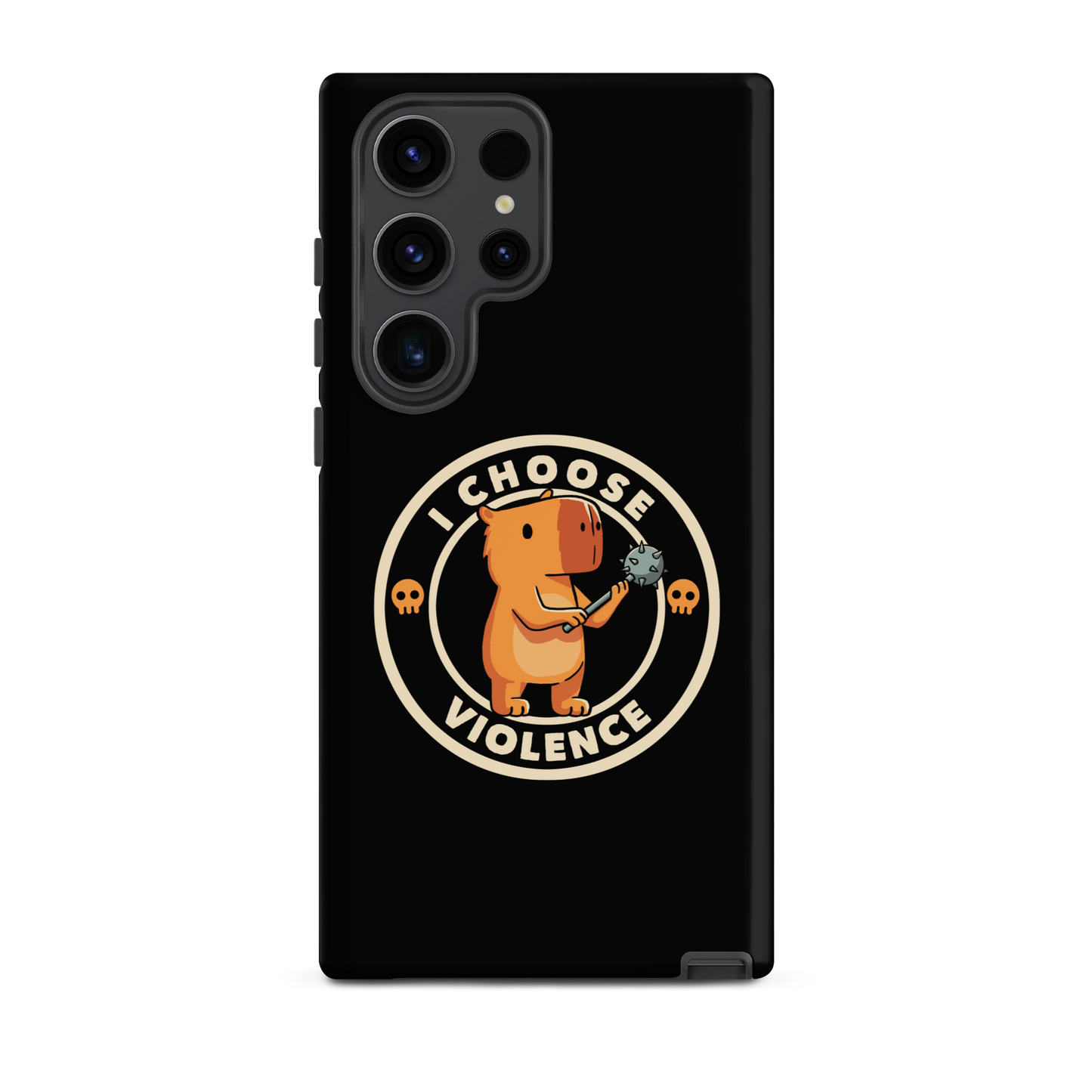 A cute, cartoonish burnt yellow capybara stands holding a spiked mace with a determined expression. Surrounding it is a circular design with the text 'I CHOOSE VIOLENCE' and two small skulls on either side, giving it a humorous yet ironic tone.