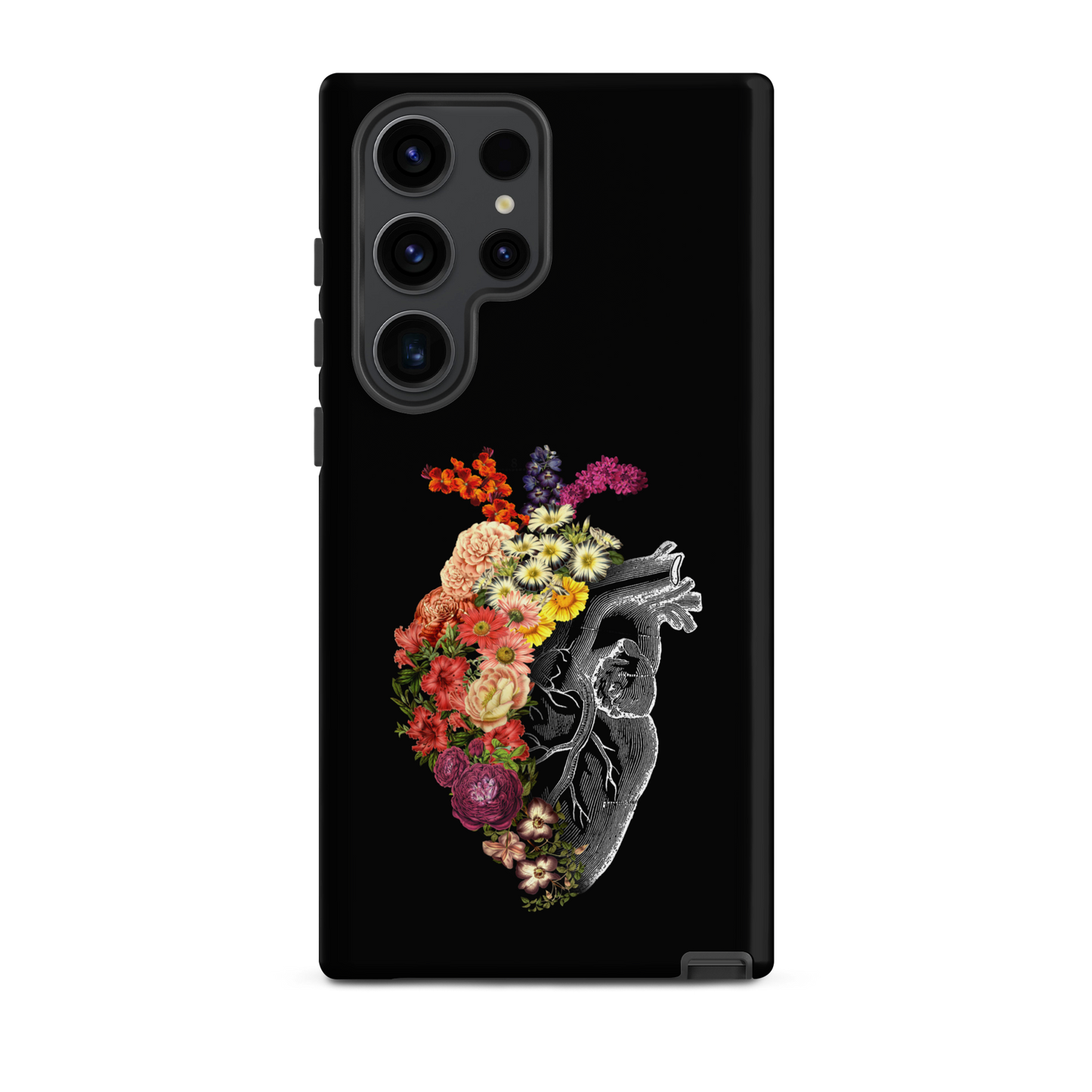 The design is an intricate and anatomical drawing of a human heart on a black background. The left side of the heart morphs into a vibrant assortment of colorful flowers, including roses, daisies, and other blooming blossoms, creating a striking contrast between the realistic and the surreal, symbolizing the harmony between nature and humanity.