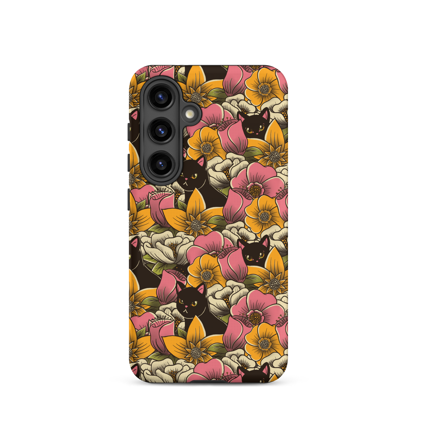 The image features a repeating pattern of colorful flowers in pink, yellow, and cream hues with lush green foliage. Interspersed among the flowers are playful black cats with bright eyes. The design has a whimsical and vibrant feel, ideal for various products like t-shirts, stickers, coffee cups, and skateboards. The style is reminiscent of traditional floral art blended with playful elements of animal decor.