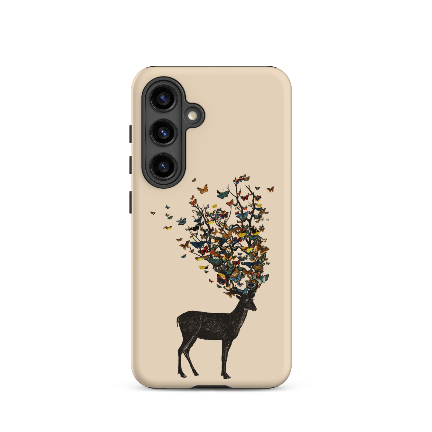The image depicts a dark, silhouetted deer standing on a neutral background. Instead of branches, its antlers transform into a swirling cloud of vibrant, colorful butterflies that extend upwards and outward. The mix of organic and ethereal elements creates a captivating and whimsical visual contrast.