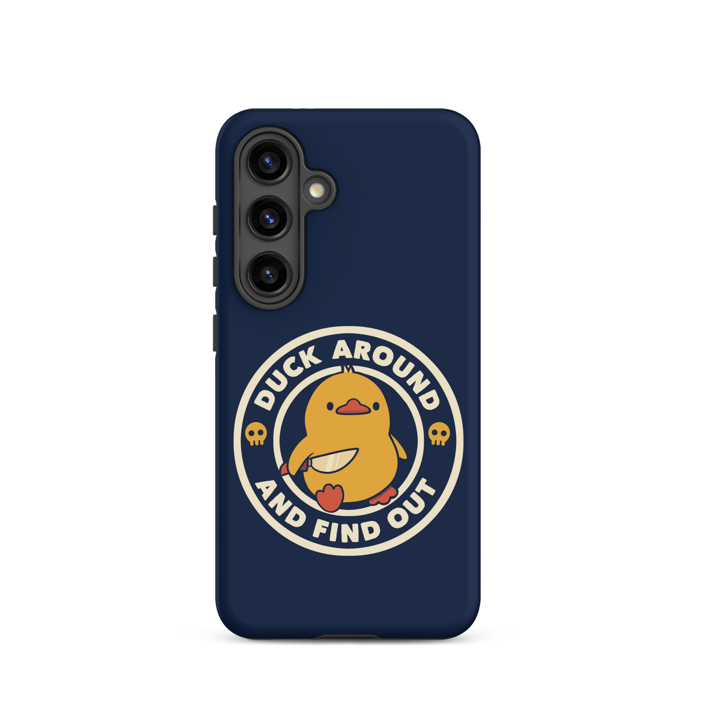 A cute yellow duck holding a small knife, around it the text "Duck Around And Find Out". An art that mixes humor with the temperament of ducks.