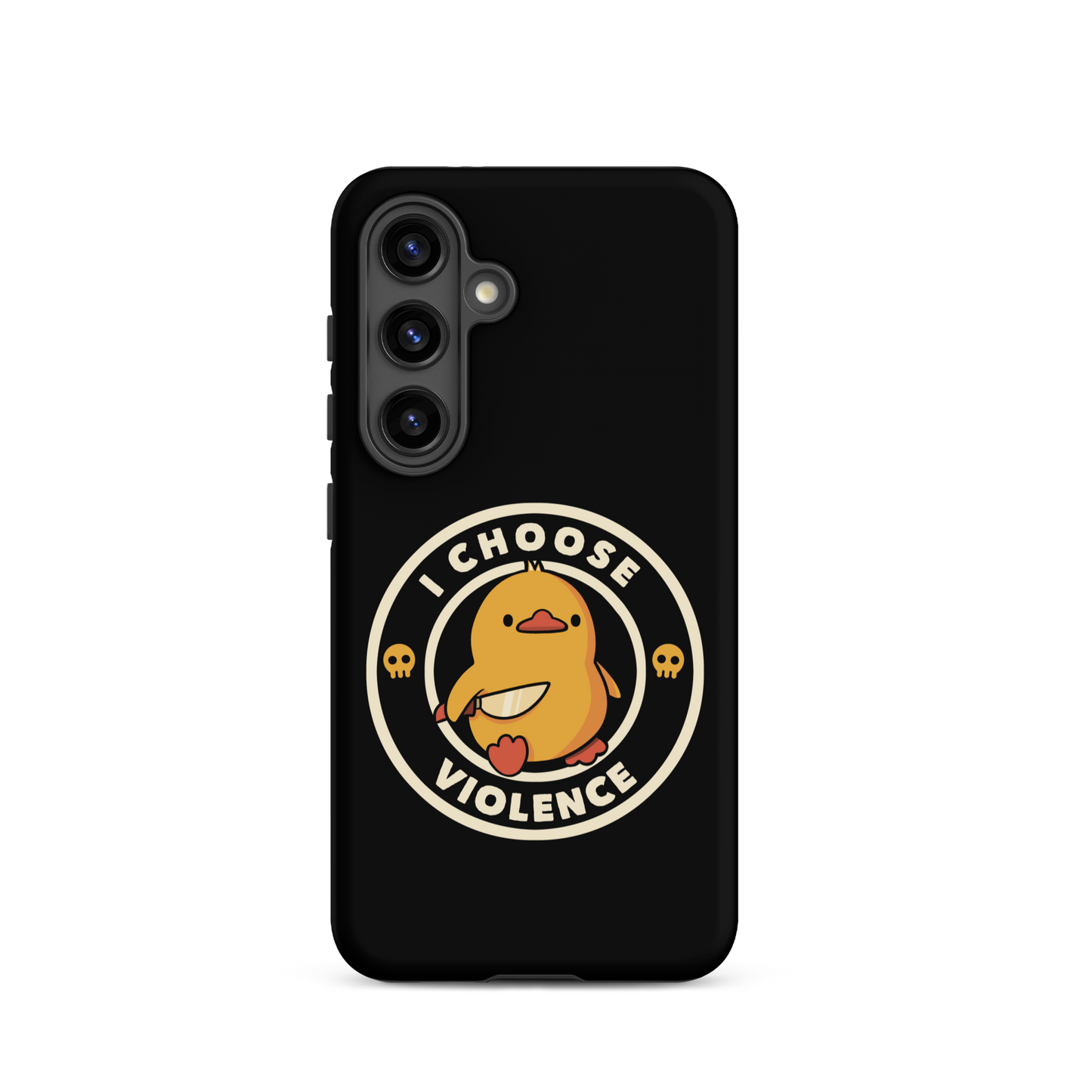 A cute, cartoon-style yellow duckling stands confidently holding a large knife in its wing. The duckling is encircled by text saying 'I CHOOSE VIOLENCE' in bold white letters. Small skull symbols flank the chick on either side, adding a touch of humor and irony to the otherwise adorable drawing.