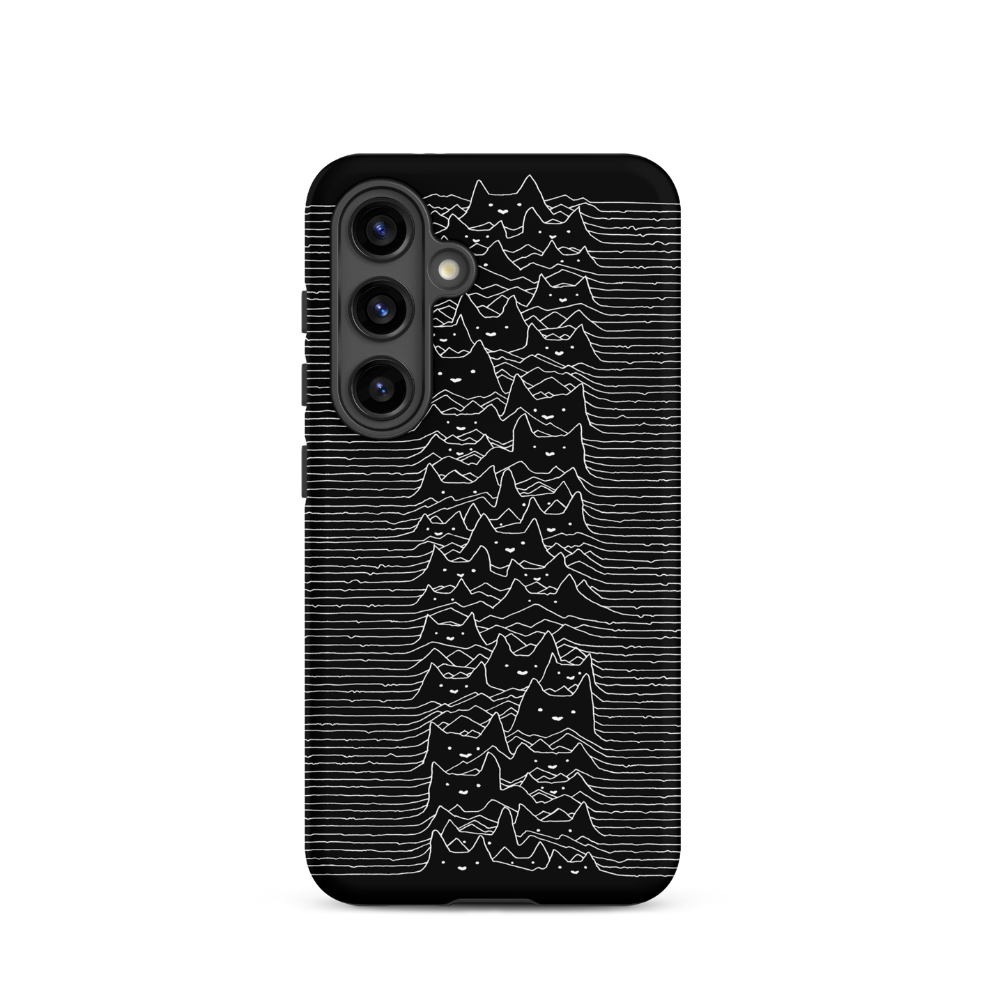 The drawing is a series of continuous wavy lines forming a pattern reminiscent of sound waves or topographic maps, but with an unexpected twist: the lines create the shapes of numerous cat faces stacked vertically. Each cat has simple, expressive features with pointed ears, adding a whimsical element to the otherwise structured pattern.