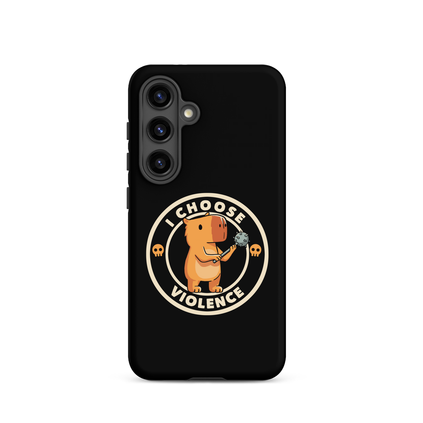 A cute, cartoonish burnt yellow capybara stands holding a spiked mace with a determined expression. Surrounding it is a circular design with the text 'I CHOOSE VIOLENCE' and two small skulls on either side, giving it a humorous yet ironic tone.